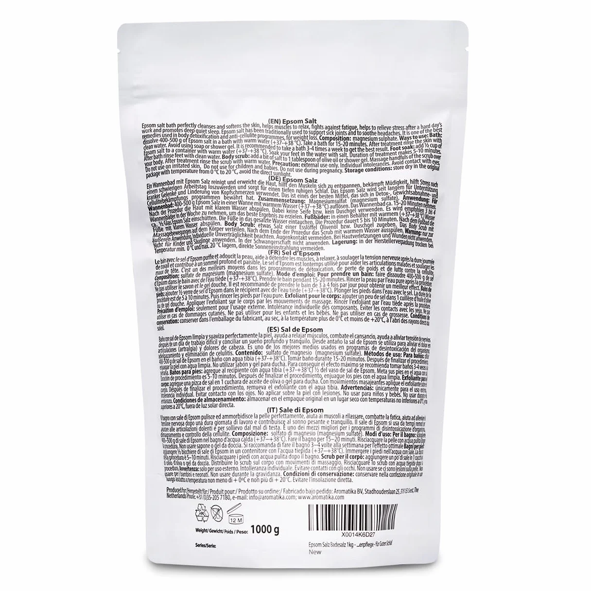 Sal de Epsom 1000g - 100% Pura & Natural - Fuente Concentrada de Magnesio - Relajación & Recuperación Muscular - Desintoxicación - Cuidado del Cuerpo - Cura - Mejor Buen Sueño