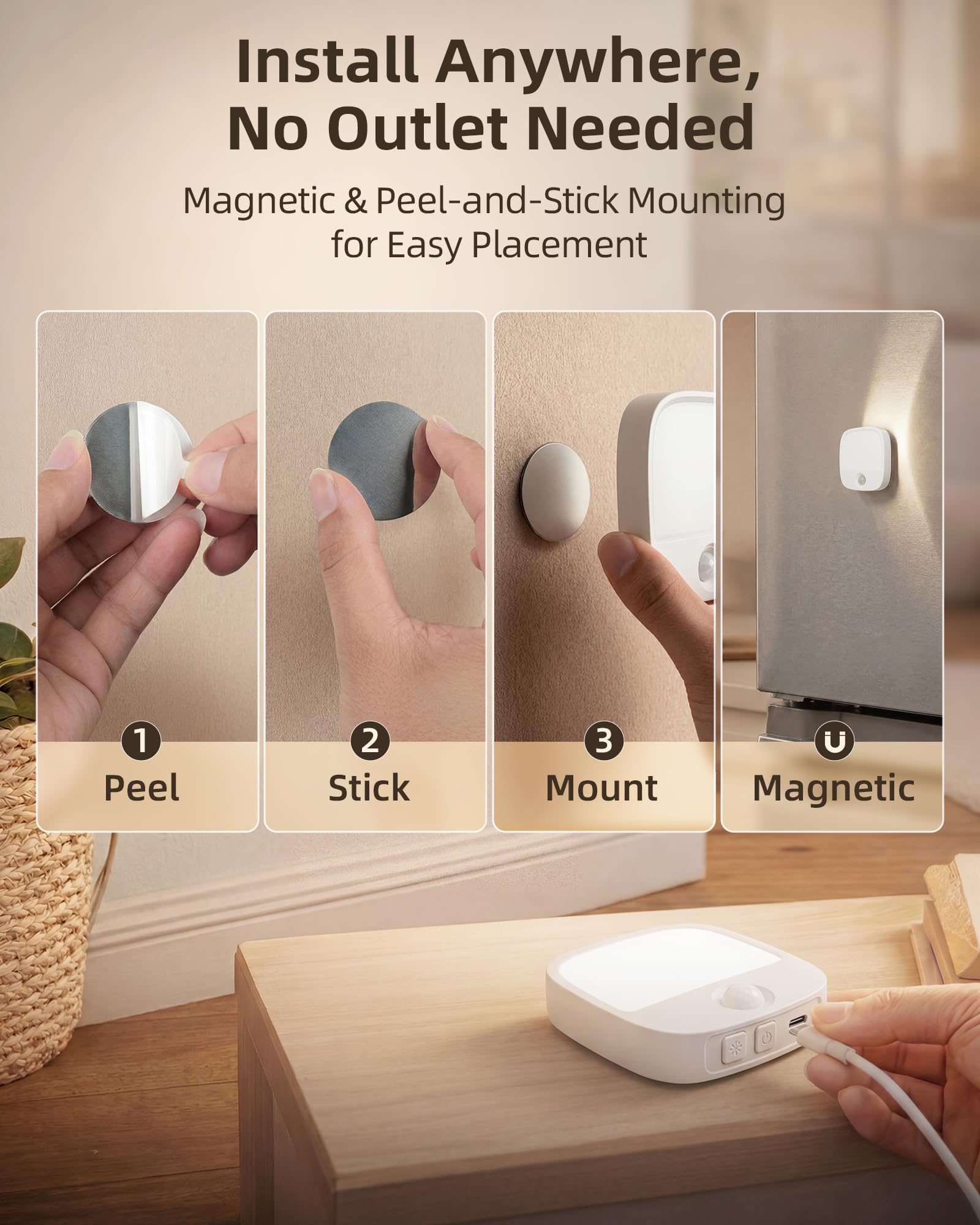 Rechargeable Magnetic Motion Sensor Night Light with Adjustable Colors