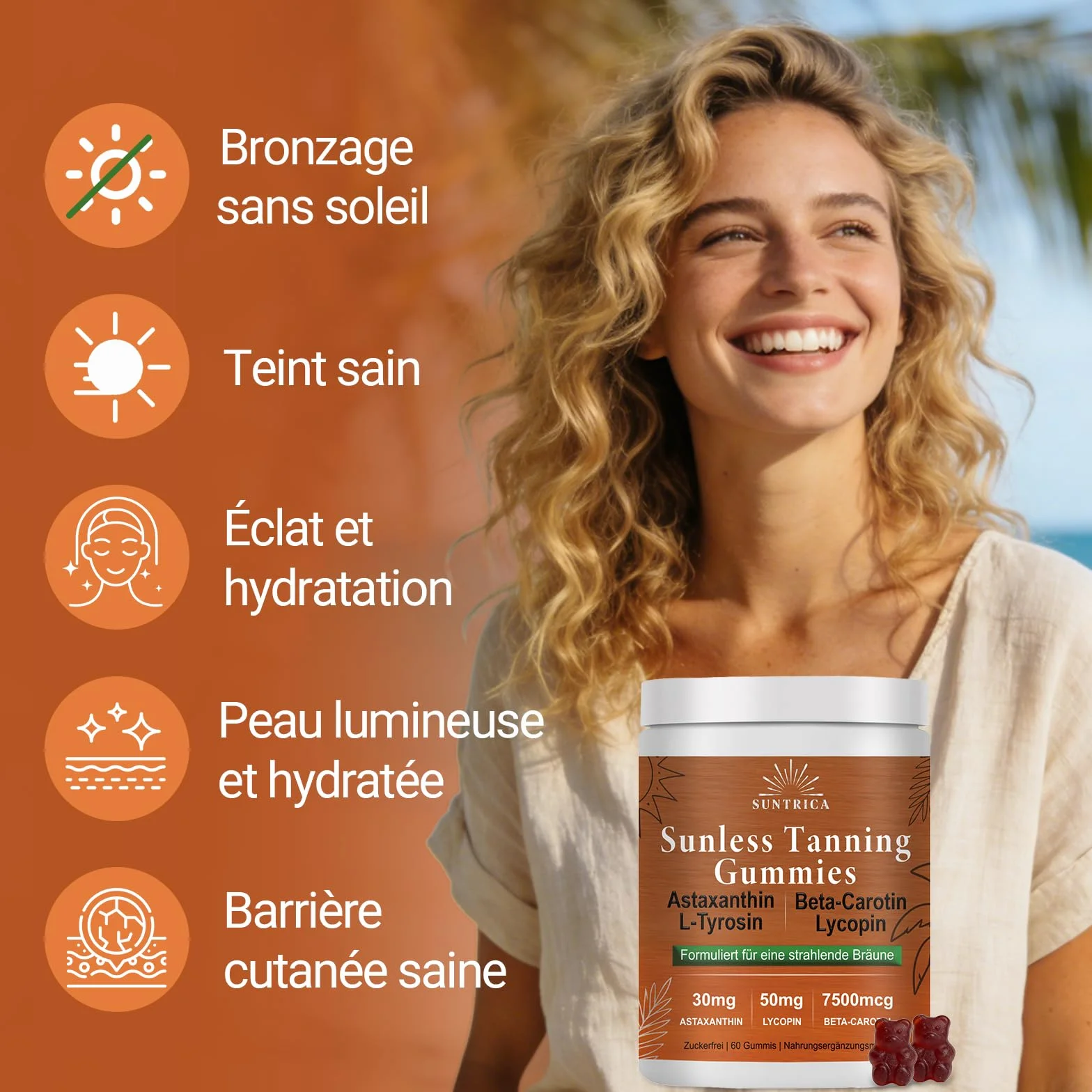 Sunless Tanning Gummies - Ositos autobronceadores y bronceadores de goma con beta caroteno, astaxantina y L-teanina – Natural Shine Brown Tez sin UV – 60 unidades