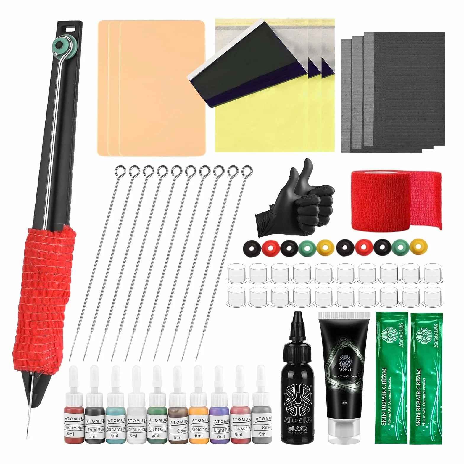 ATOMUS Kit de bolígrafo manual de tatuaje con tintas de tatuaje, agujas, piel de práctica, vasos de tinta y papeles de transferencia (KIT 2)