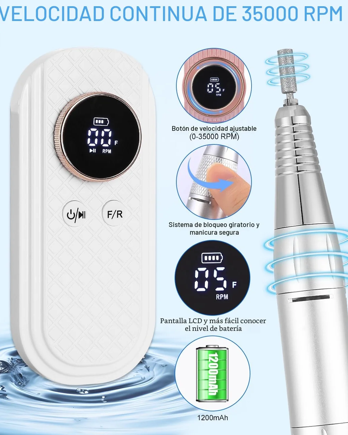 Torno para Uñas Profesional 35000 RPM,Torno de Uñas Inalambrico Pulidor Lima Electrica Uñas Portatil para Semipermanentes Acrilicas Manicura y Pedicura, Baja Vibración, Salón DIY