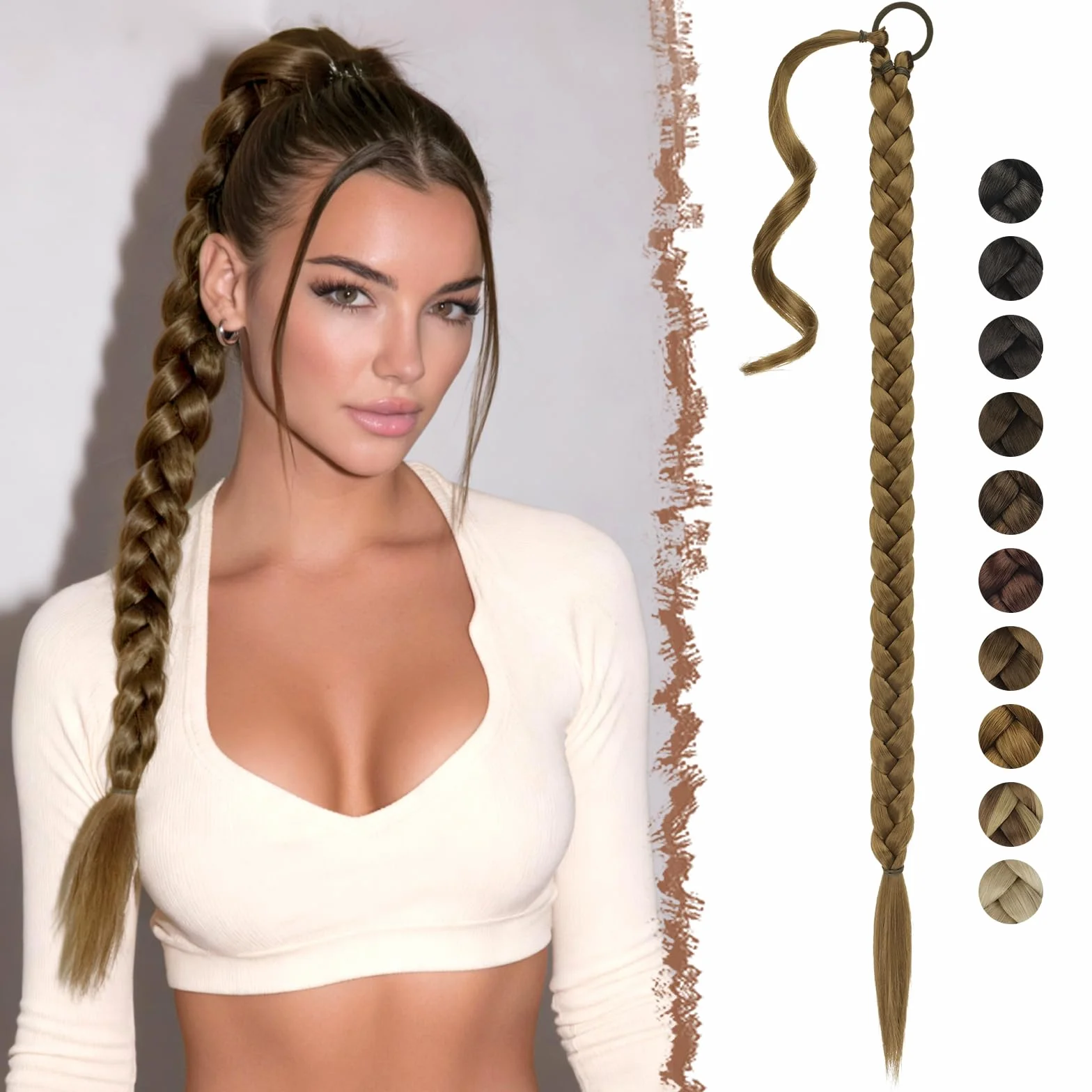 FESHFEN Extensiones de Pelo Coleta Trenzada, 85 cm Coleta Postiza de pelo Larga para Mujeres Envolvente Ponytail Extensiones de Cola de Caballo Castaño Claro Sintético para la Fiesta Diaria