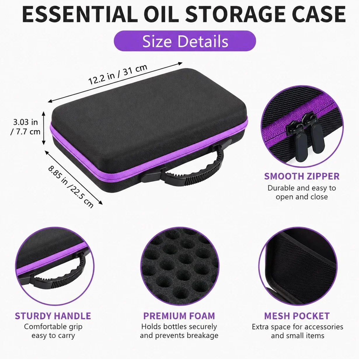 Caja de Aceite Esencial, 60 Rejillas Botellas Aceites Esenciales para Aceites Esenciales de 5 ml, 10 ml, 15 ml, Estuche de Viaje de Transporte Carcasa Dura Organizador de Almacenamiento Exterior