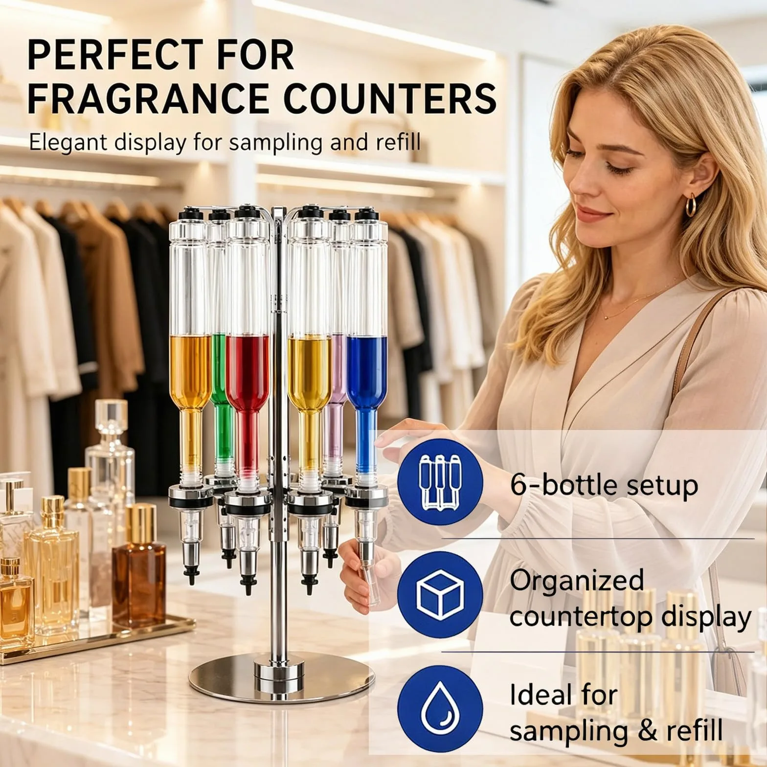 Dispensador Manual De Perfumes De 6 Cabezales; Estación De Bombeo para Recarga Y Transferencia De Líquidos con Frascos De Vidrio para Muestras, Ideal para Tiendas Minoristas 500ml |
