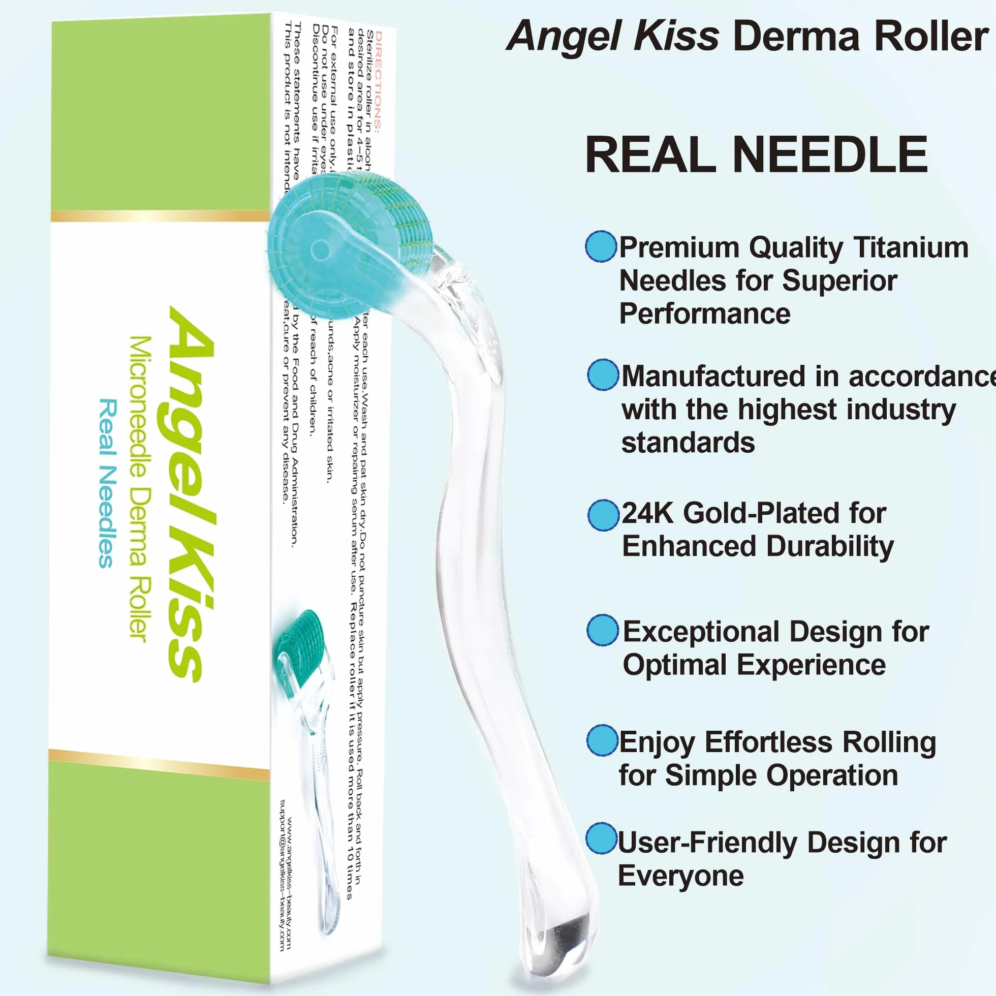 Angel Kiss Derma Roller Agujas reales de 0,3 mm, 192 agujas individuales de titanio, rodillo de microagujas para el cuidado de la piel facial y corporal