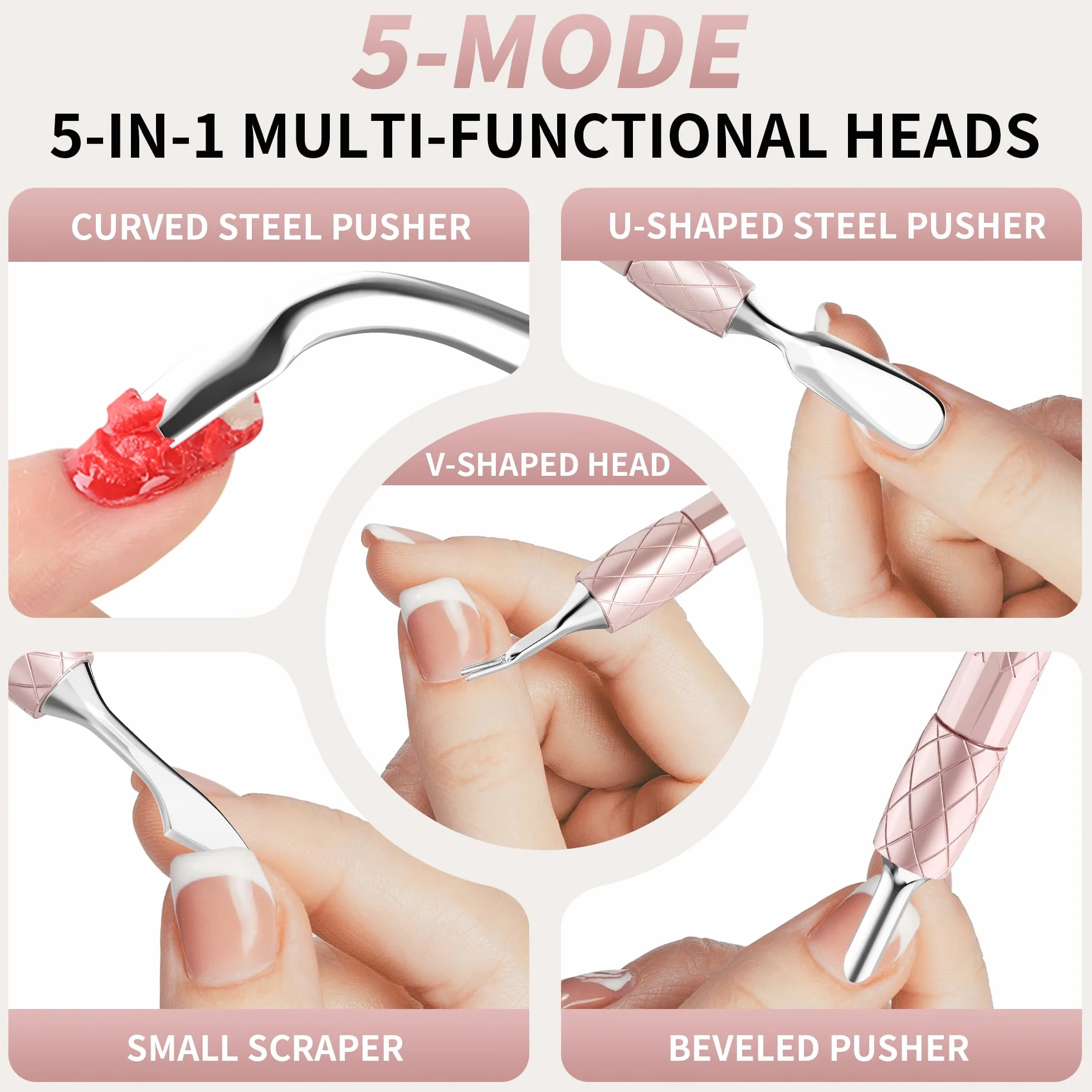 Juego de empujador de cutículas 5 en 1 con mango de aluminio, herramienta de limpieza de uñas de precisión para manicura y pedicura