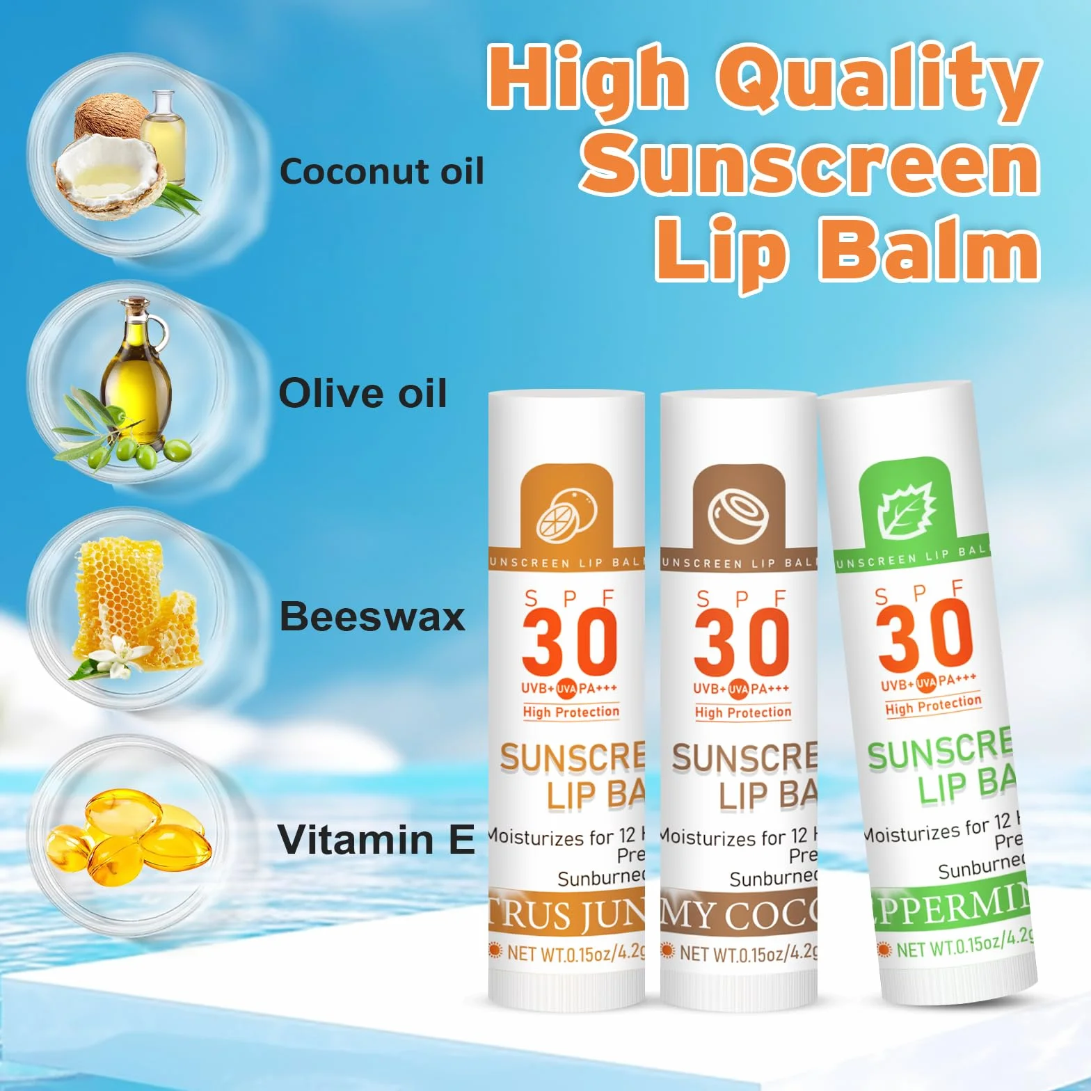 VISRIE Spf 30 Bálsamo Labial con Protección Solar, Bálsamo Labial Spf Bulk Travel Dimension-16 Pack, Paquete Bálsamo Labial Hidratante con Vitamina E E E Aceite de Coco - 8 Aromas