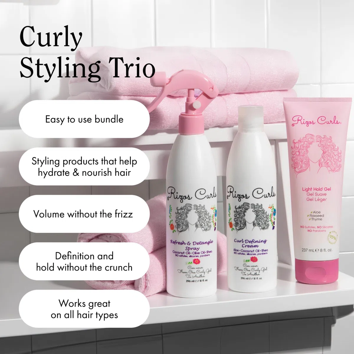 Rizos Curls Kit inicial para peinar, refrescar y desenredar spray y crema definitoria de rizos y paquete de gel de fijación ligera, mejora y define rizos, añade volumen y conservación