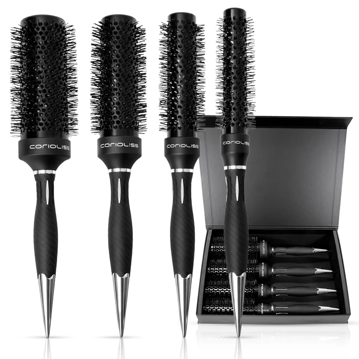 Corioliss Cepillo Redondo Pelo Profesional Kit 4 Tamaños Ø25-33-43-53 mm, Mango Antideslizante con Separador, Perfecto para Secar, Alisar y Dar Volumen con Secador - Brush Titanium Black Green