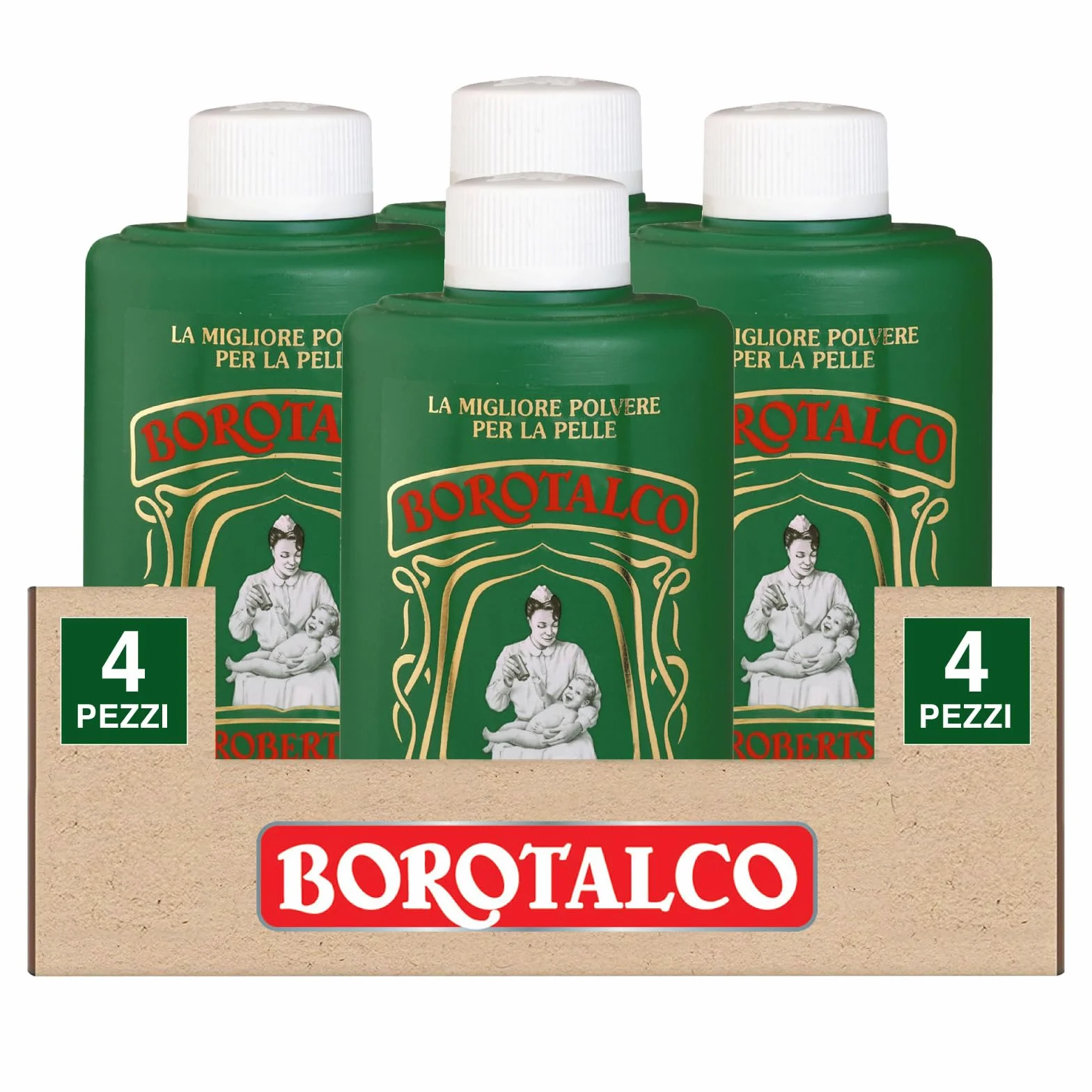 Borotalco Roberts Polvo de talco multifuncional, súper absorbente y refrescante, también para pieles sensibles para adultos y niños, 4 botellas de 200 g