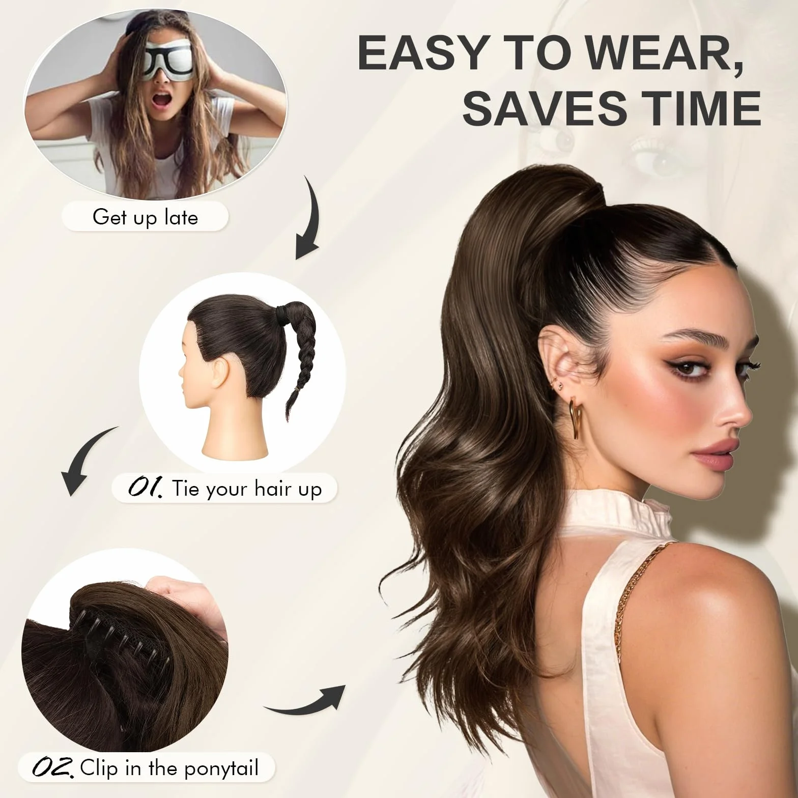 Sofeiyan Coleta Postiza Larga Ondulada con Pinza, Extensión de Coleta Natural de Doble Uso, 41 cm de Sintética Pinza de Pelo en Extensión de Trenza para Mujeres, Negro natural