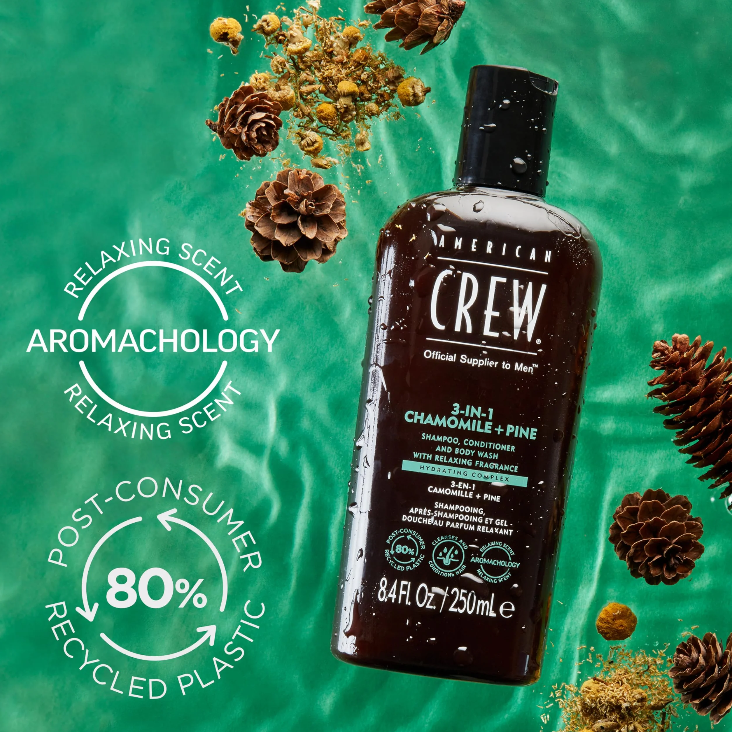 American Crew 3 en 1 Manzanilla y Pino, Champú Acondicionador y Gel de Ducha, Limpia e Hidrata el Cabello y Cuerpo, Mantiene y Repone la Barrera de Hidratación, Aroma Tranquilizante y Relajante