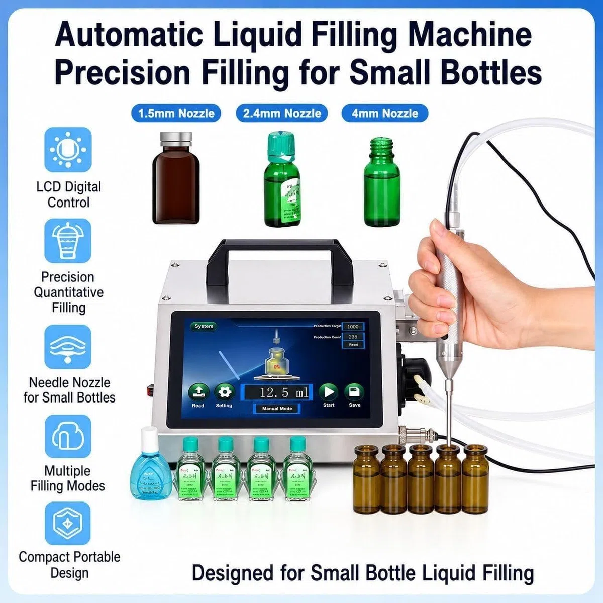 Llenadora para aceites Esenciales, Manguera Entrada 1,5m y Salida 1m | Llenado preciso con volumen predefinido | 3 boquillas intercambiables | 3 modos | Compacta 2,4kg sin instalación(HD1380)