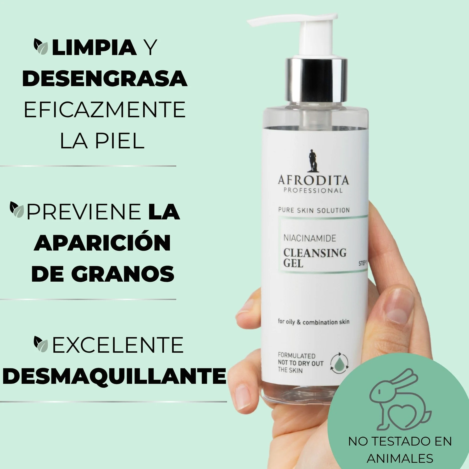 Afrodita Professional Niacinamida Gel limpiador para pieles grasas y mixtas, limpiador facial suave con ácido hialurónico, limpieza profunda de poros, 94% de origen natural, sin alcohol ni sulfatos