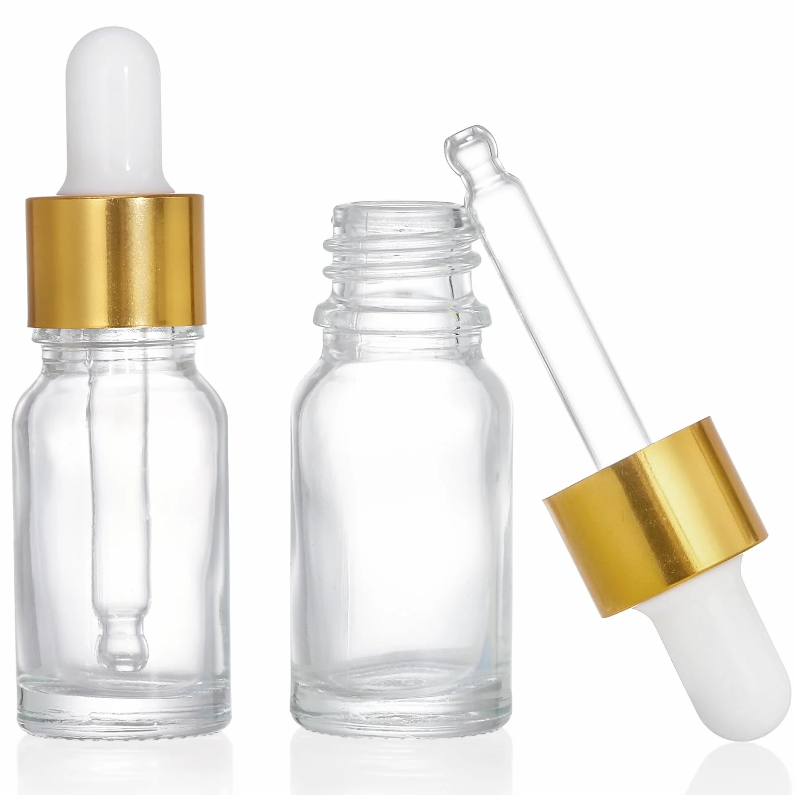 Lawei 40 frascos cuentagotas de 10 ml vacíos con pipetas cuentagotas, tapa de aleación de aluminio dorado, contenedor de muestra recargable para aceites esenciales, perfumes, cosméticos y líquidos