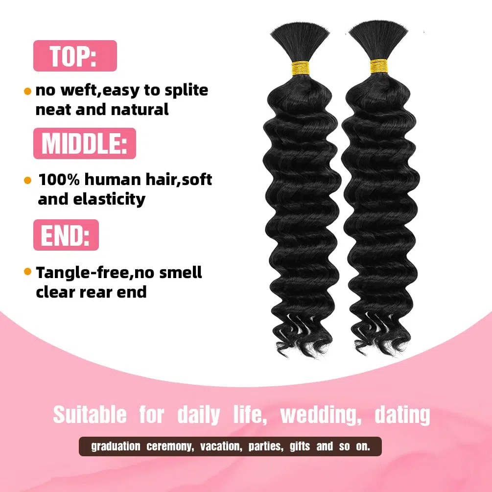 Cabello humano trenzado, 2 paquetes de 100 g, 16 pulgadas, trenzas bohemias, cabello humano 10A, ondulado, brasileño, virgen, sin trama, extensiones de cabello ondulado para bohemio, sin nudos