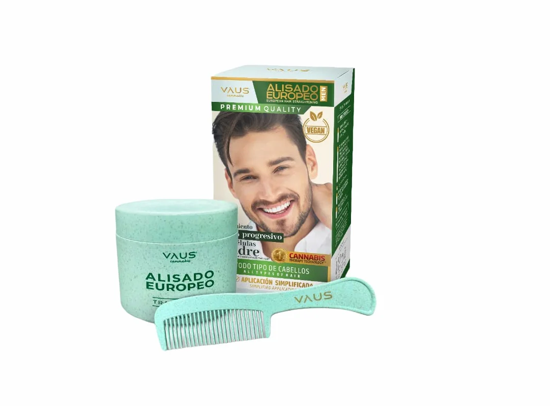 VAUS | Alisado orgánico Europeo | Tratamiento de Pelo Progresivo Patentado | Máximo cuidado barba | Kit Alisador Profesional con Peine | Vegano y Envase Biodegradable | Regalo original Para Hombre