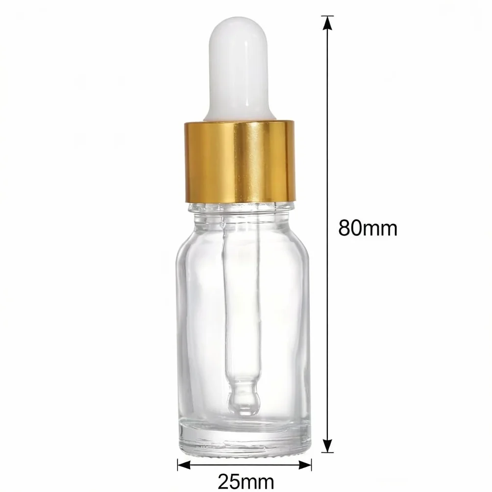 Lawei 40 frascos cuentagotas de 10 ml vacíos con pipetas cuentagotas, tapa de aleación de aluminio dorado, contenedor de muestra recargable para aceites esenciales, perfumes, cosméticos y líquidos