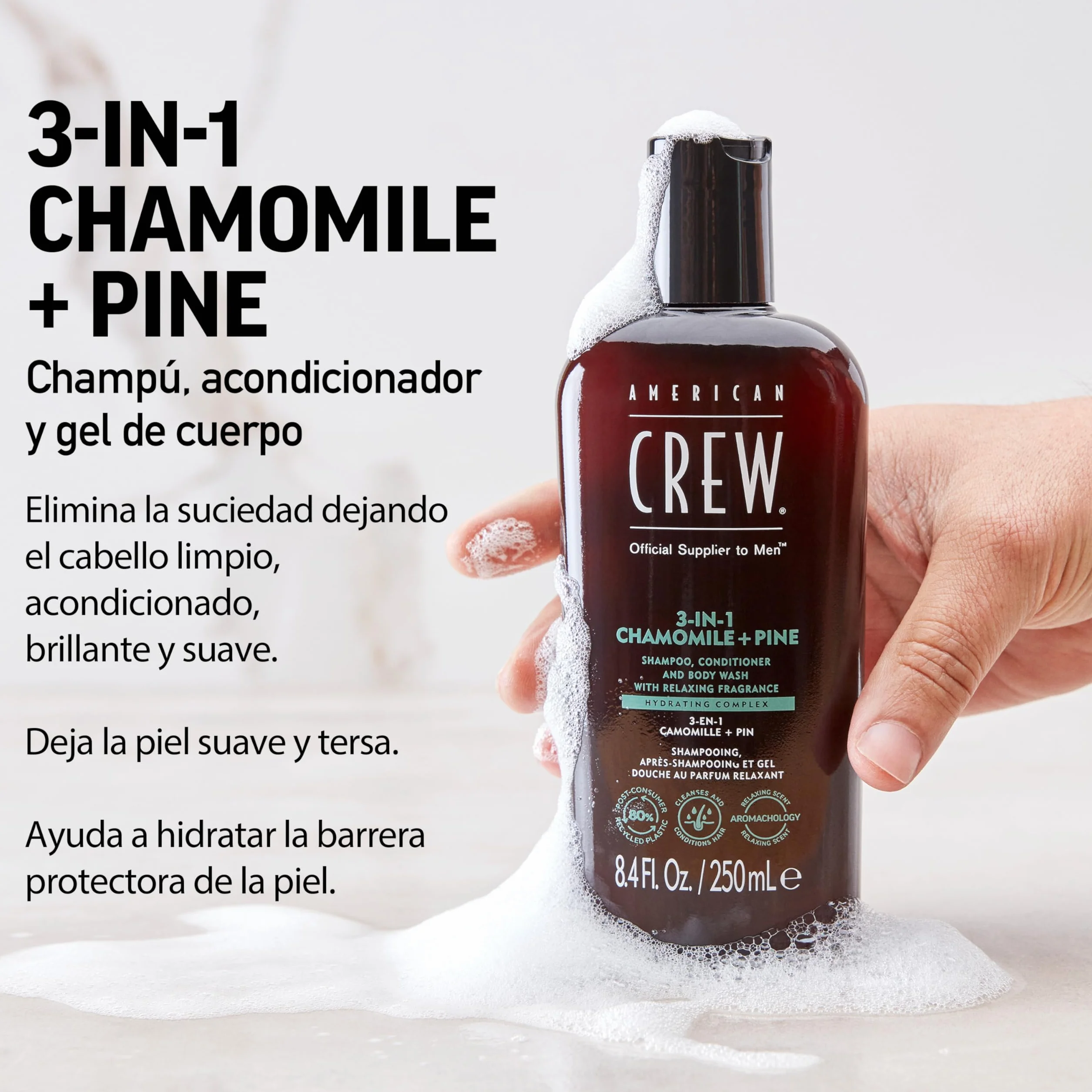 American Crew 3 en 1 Manzanilla y Pino, Champú Acondicionador y Gel de Ducha, Limpia e Hidrata el Cabello y Cuerpo, Mantiene y Repone la Barrera de Hidratación, Aroma Tranquilizante y Relajante