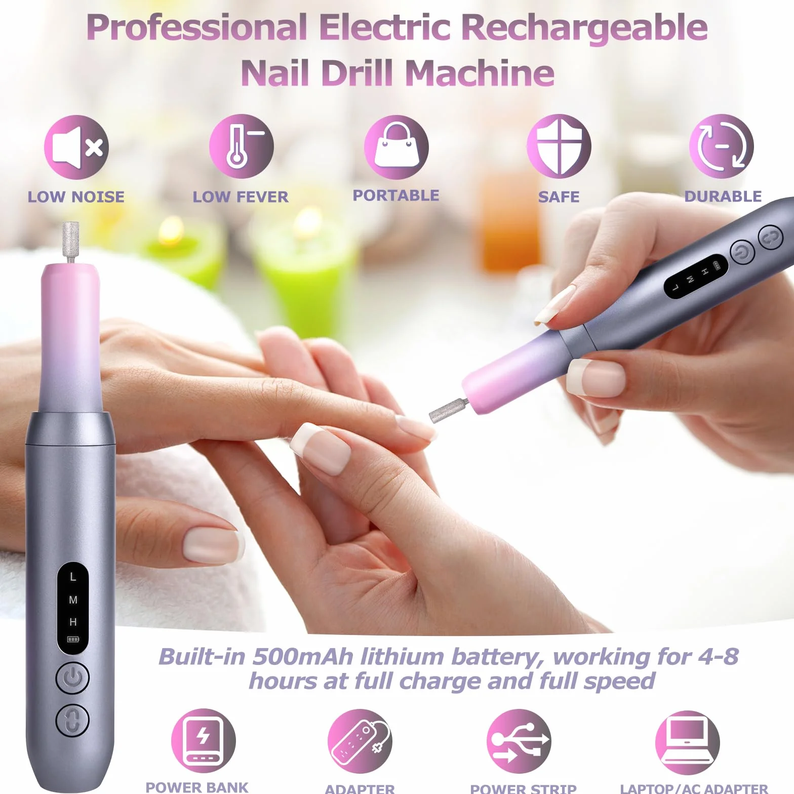 Torno para Uñas Profesional Lijadora Eléctrica de Uñas sin Cable 30000RPM, Lima de Uñas Portátil con Pantalla LCD, 12 Puntas, Potente Kit de Lijado para Manicura y Pedicura (Gris y Rosa)