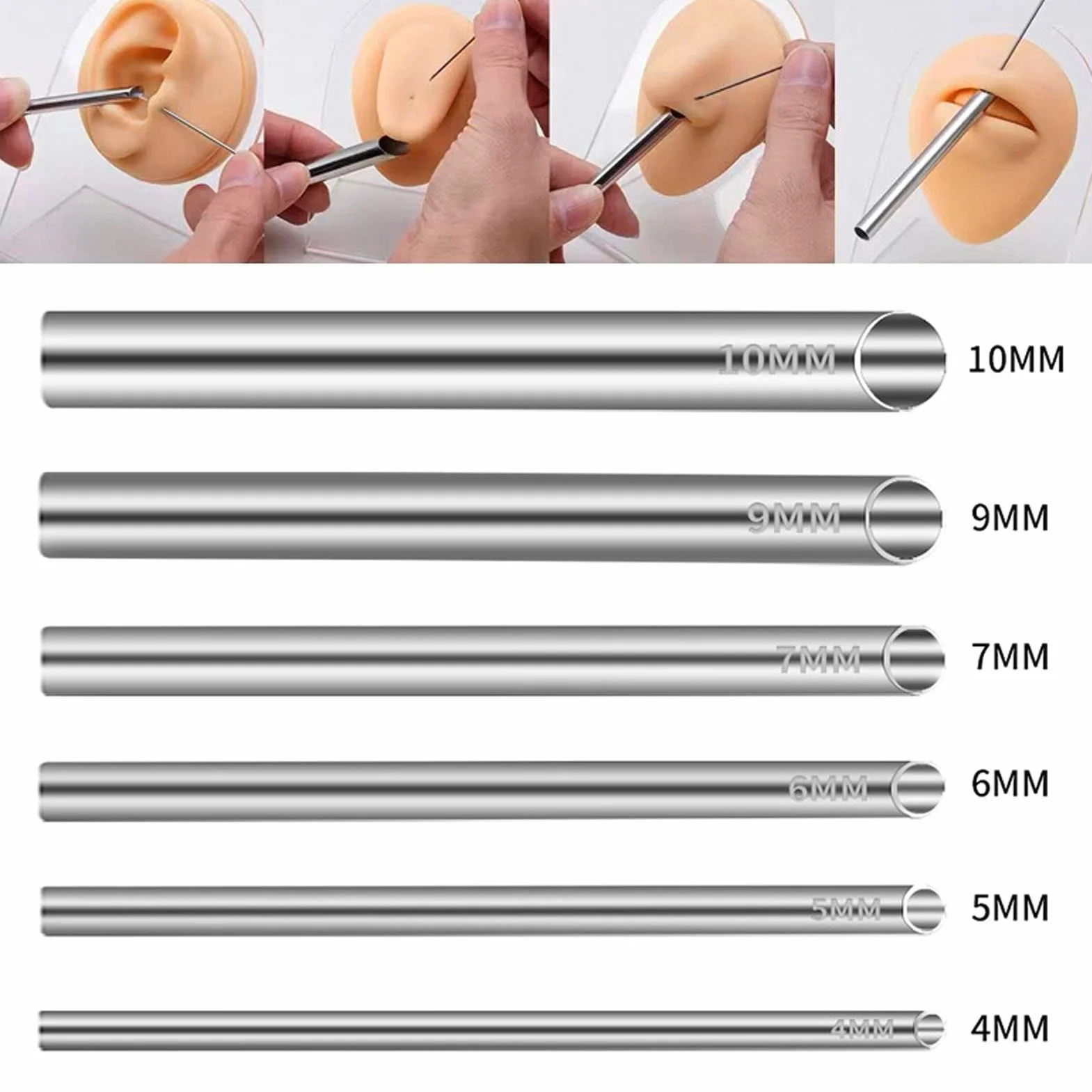 Juego de Receptores de Perforación de Acero Inoxidable de 6 Piezas, Tubos Receptores 4/5/6/7/8/9/10 mm para Agujas Perforación, Tubos Receptores Agujas Perforación Versátiles