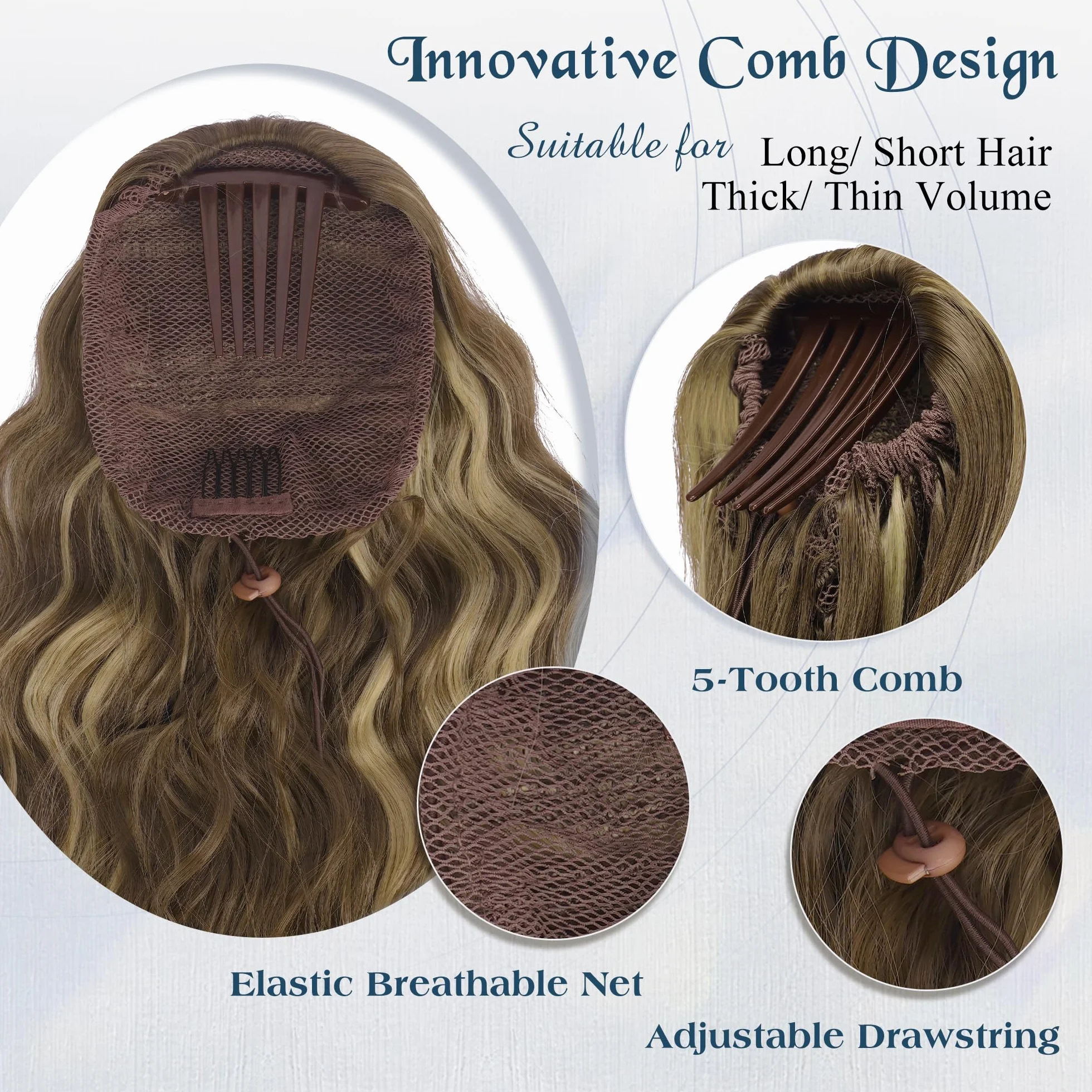 FESHFEN Coletas Postizas Pelo Ondulada, Largo Cola de Caballo Extensiones con Peine Sintetico Postizos Ponytail Extensiones de Cabello para Mujer, 60 cm Marrón Claro & Rubio