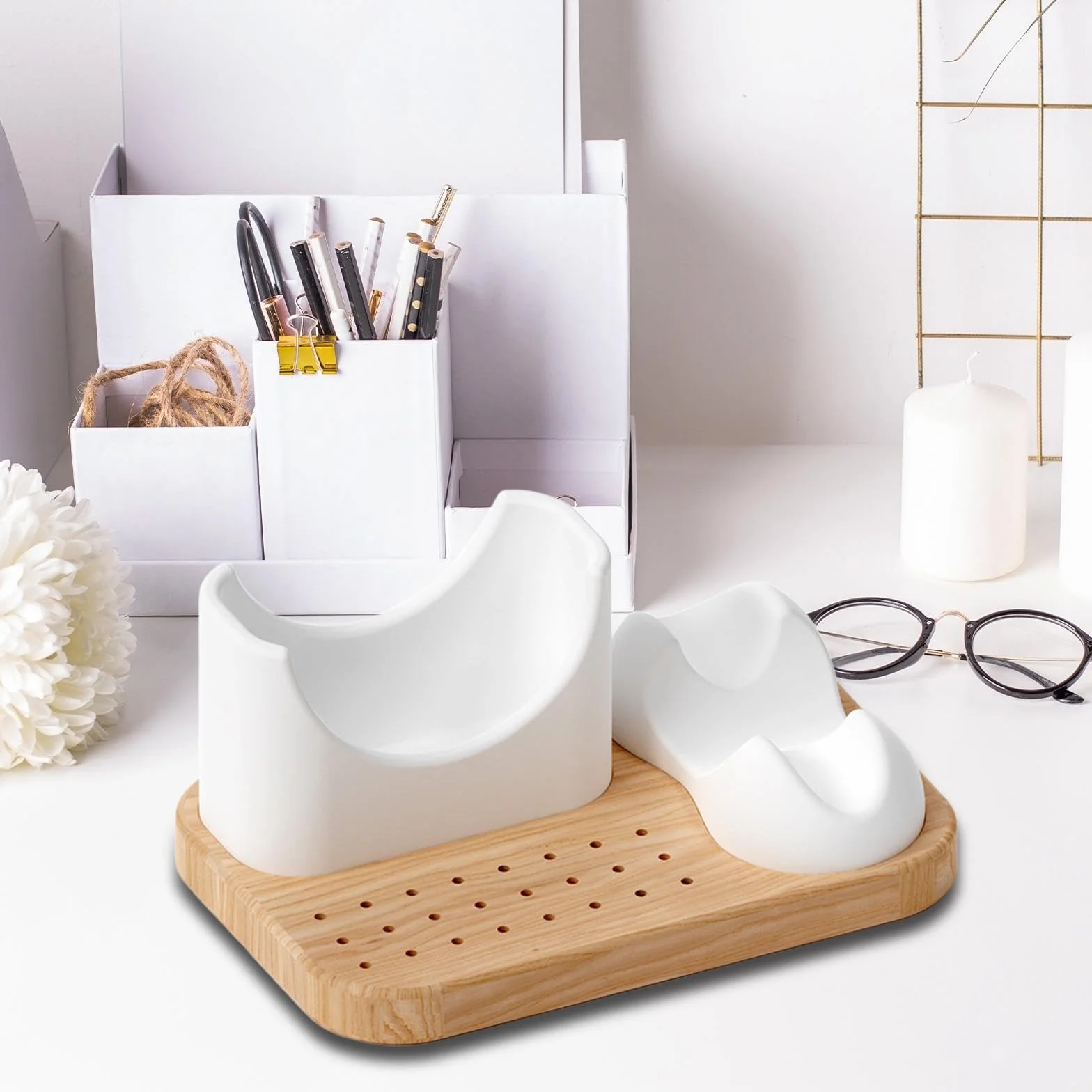 Soporte de Madera para Torno de Uñas 3 en 1, Expositor de Silicona Suave para Manicura