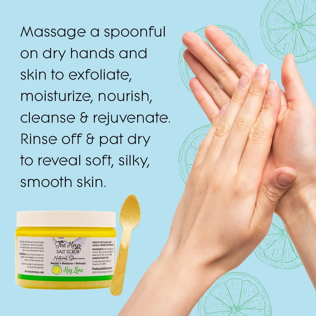 The Keys Salt Scrub Exfoliante prémium para el cuerpo de sal marina – Fabricado con aceite de sal de mar puro de Florida y aceite de coco orgánico + cuchara de madera (lima clave, a granel 3 paquetes