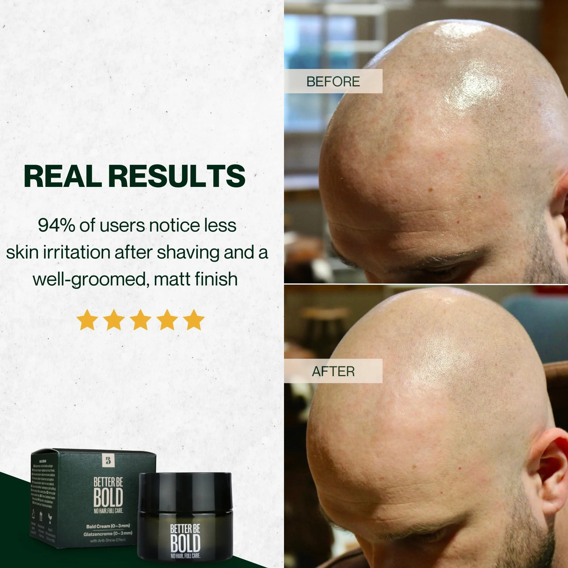 BETTER BE BOLD Crema mate cuero cabelludo rapado 50 ml I Efecto mate natural I Hidratación ligera aloe vera I Reduce brillo I piel sensible I cuidado cabeza calva hombre vegano