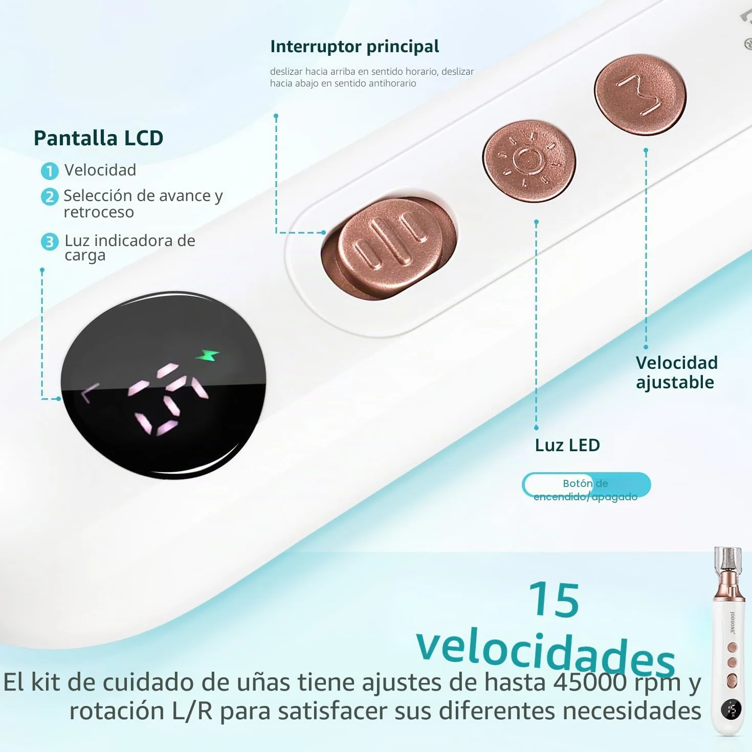 JODSONE Lima Eléctrica para Pies, Quitacallos Eléctrico, Kit Manicura y Pedicura 2 en 1, 15 Velocidades 4500RPM, Exfoliante de Pies Sin Cables para Piel Muerta y Callos Duros