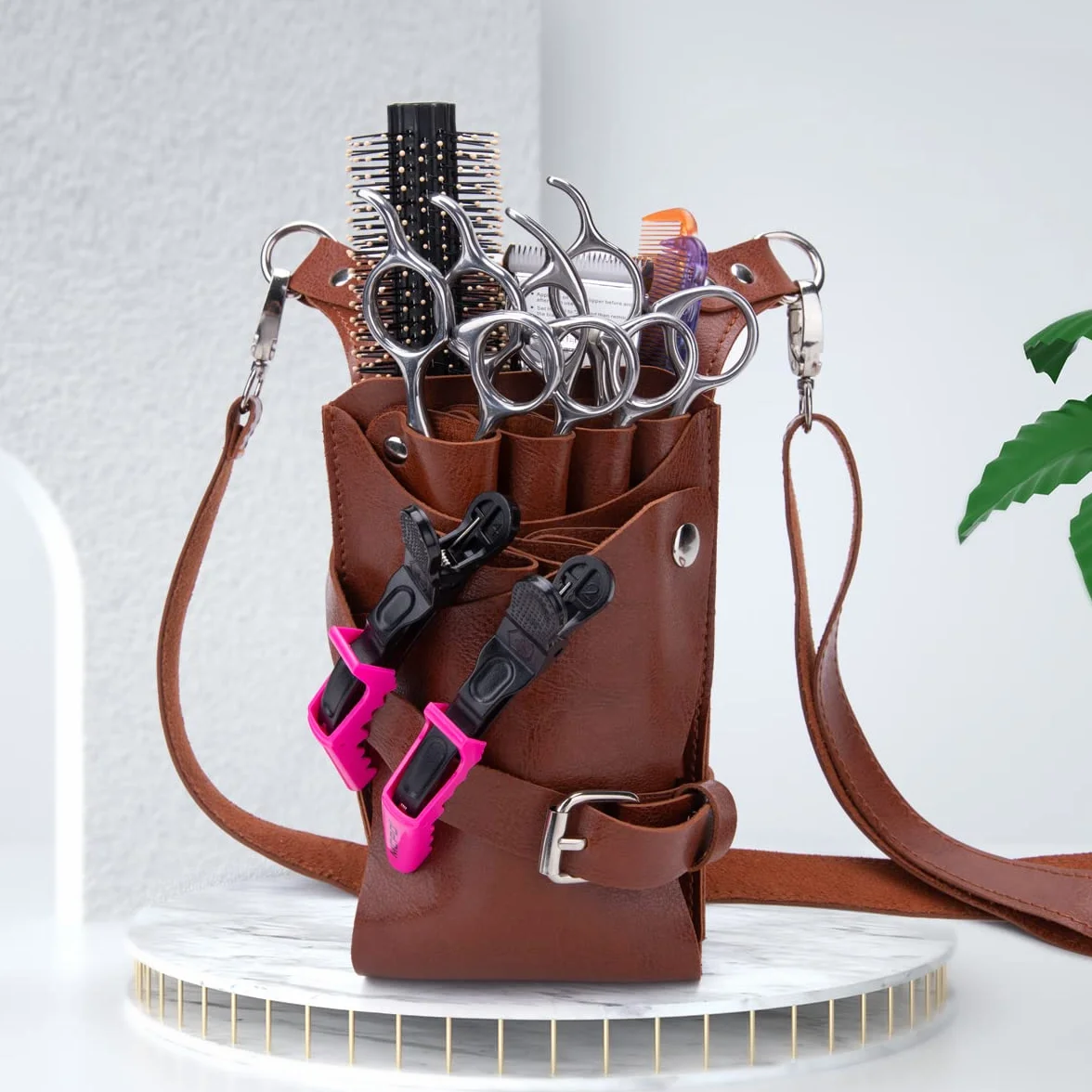 Riñonera para peluquería, Bolsa de herramientas de peluquería, funda para tijeras con correa ajustable para el hombro para peines, maquinillas de afeitar, tijeras, clips (LQ-YZ Marrón)