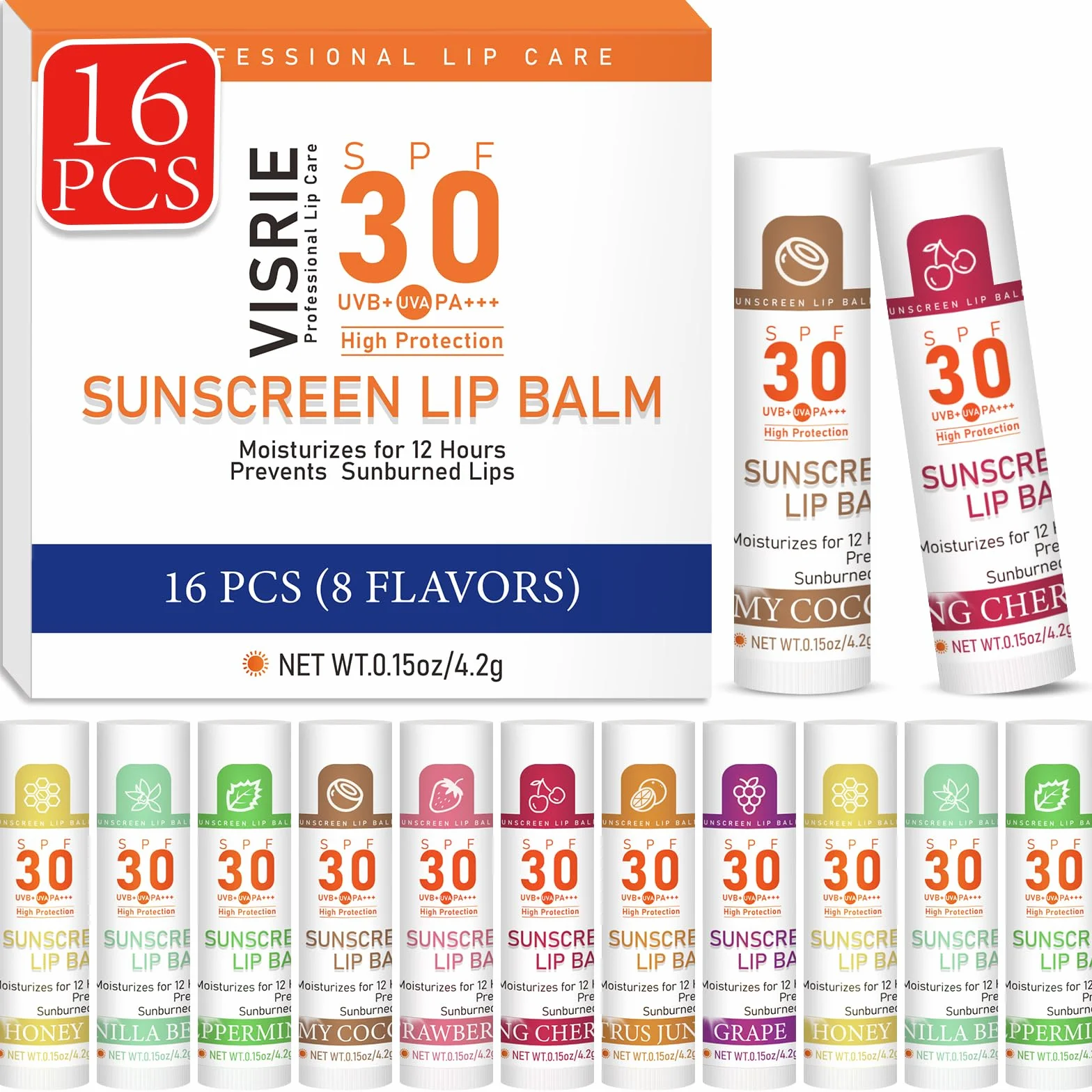 VISRIE Spf 30 Bálsamo Labial con Protección Solar, Bálsamo Labial Spf Bulk Travel Dimension-16 Pack, Paquete Bálsamo Labial Hidratante con Vitamina E E E Aceite de Coco - 8 Aromas