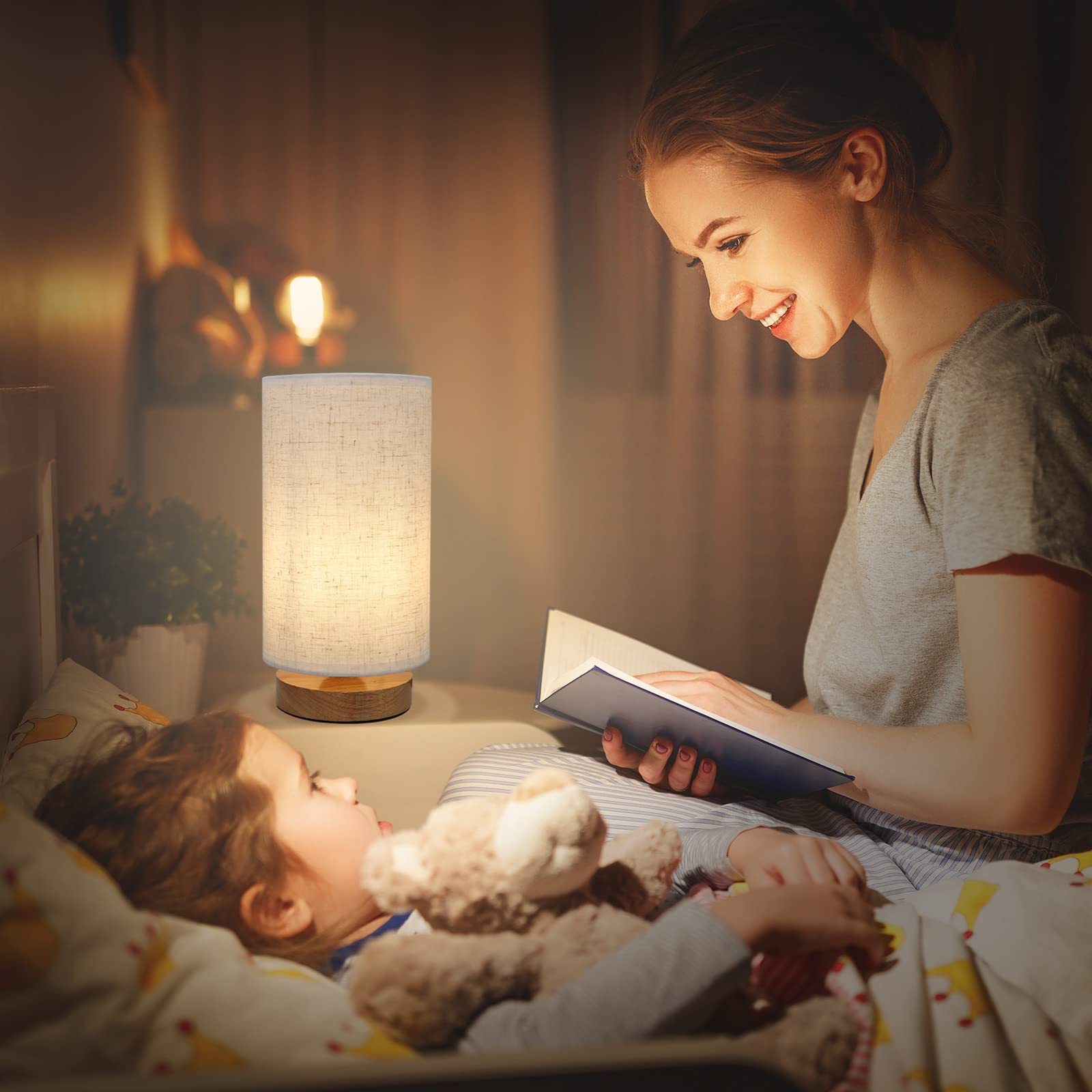 Minimalist Dimmable Bedside Lamp with Linen Shade, Adjustable Color