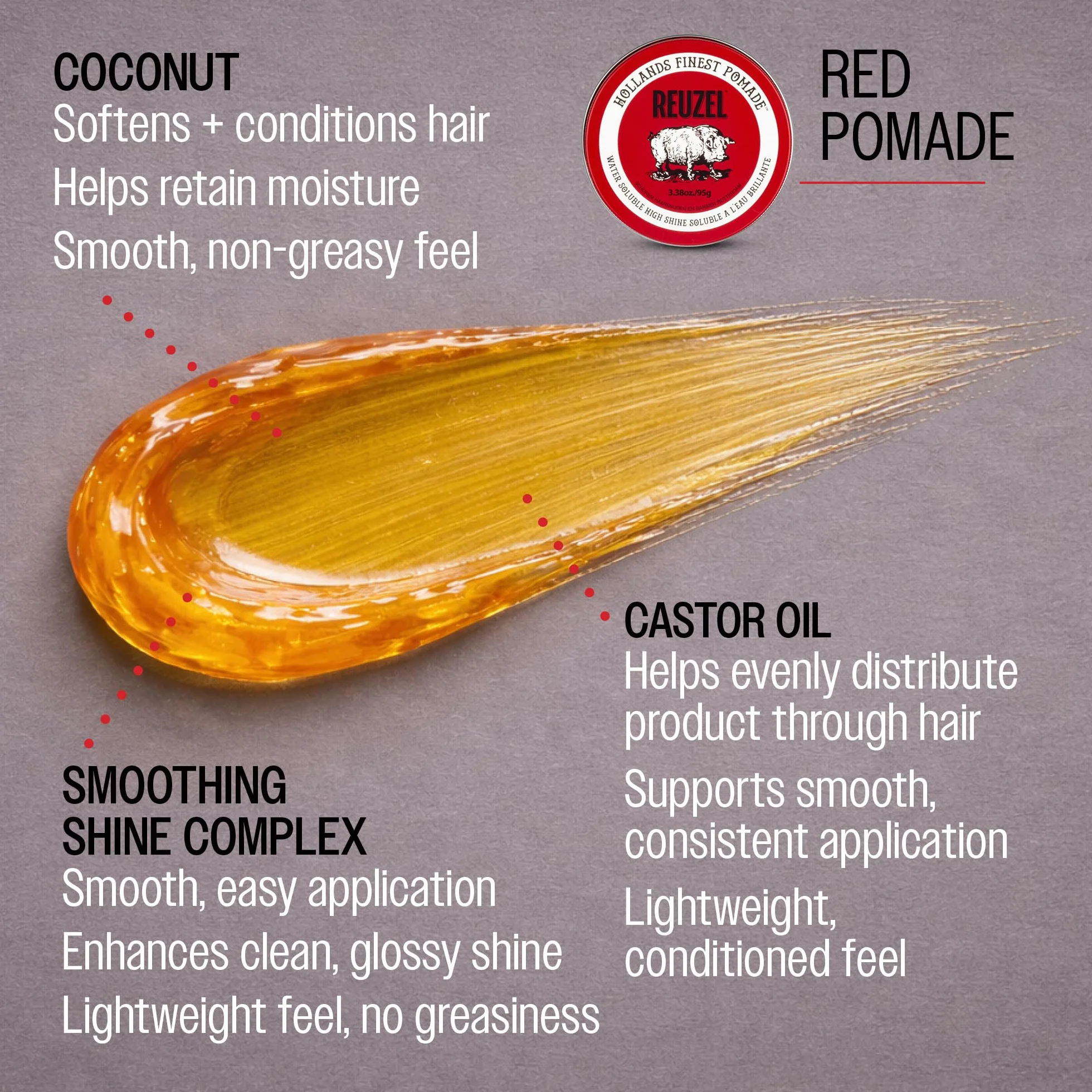 Reuzel Pomada roja de fijación media y brillo intenso para hombres, pomada soluble en agua para un aspecto flexible y brillante, 3,38 oz/95g