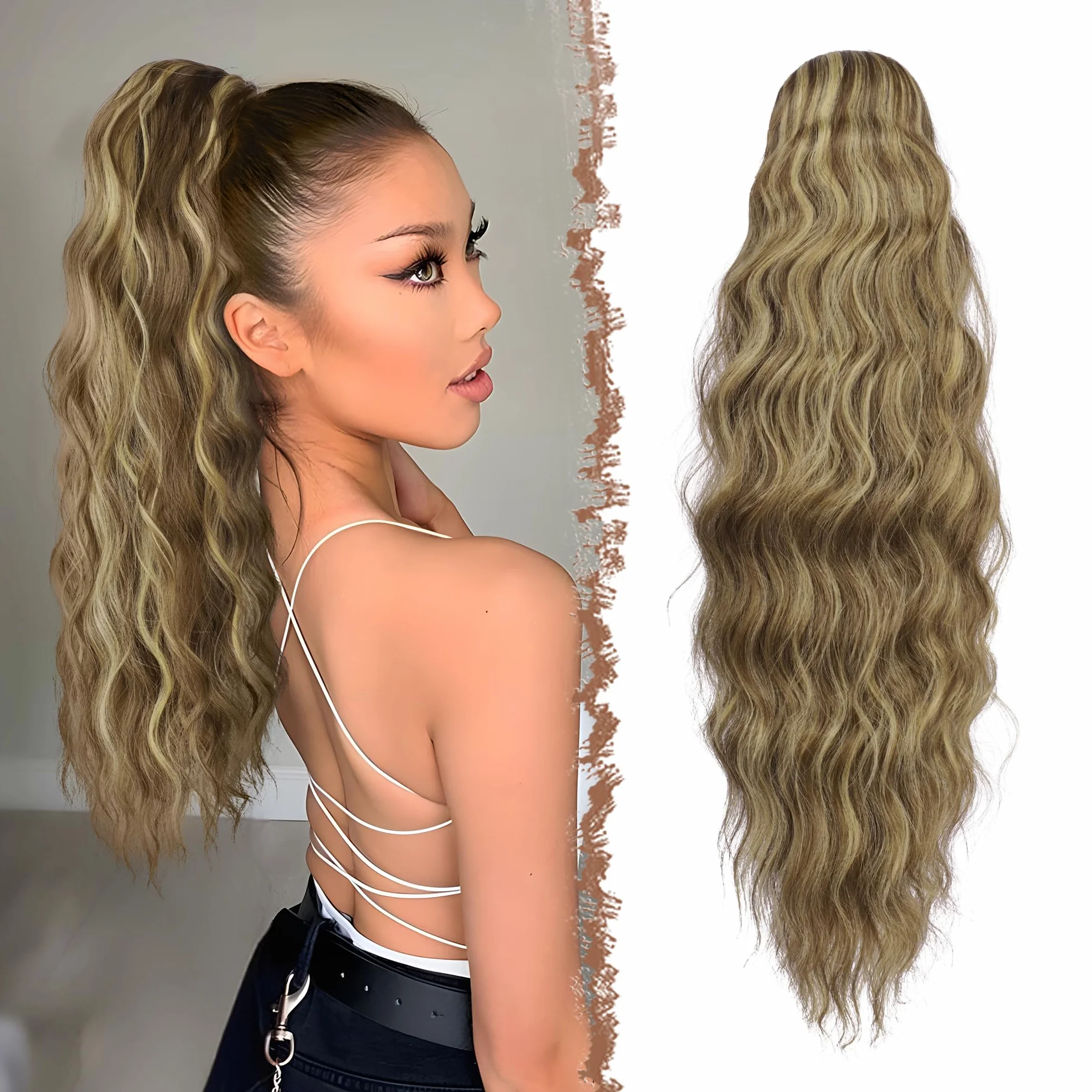 FESHFEN Coletas Postizas Pelo Ondulada, Largo Cola de Caballo Extensiones con Peine Sintetico Postizos Ponytail Extensiones de Cabello para Mujer, 60 cm Marrón Claro & Rubio