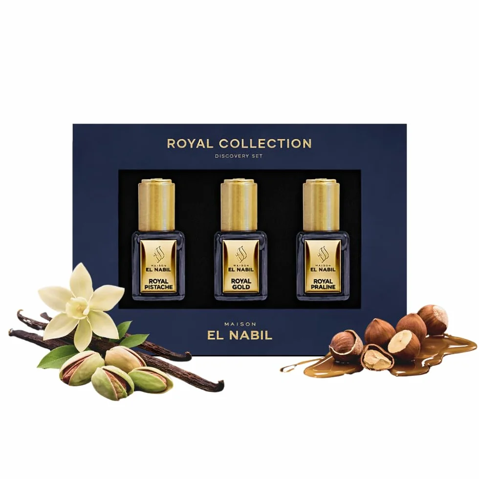 Set Descubrimiento Perfumes Roll-On Unisex 3x5 ml (Royal Gold y Royal Pistache Unisex, Royal Praline Femenino) - Extracto de Perfume Sin Alcohol - Oriental Dubai - Idea Regalo
