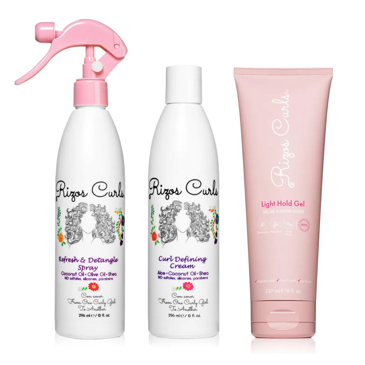 Rizos Curls Kit inicial para peinar, refrescar y desenredar spray y crema definitoria de rizos y paquete de gel de fijación ligera, mejora y define rizos, añade volumen y conservación