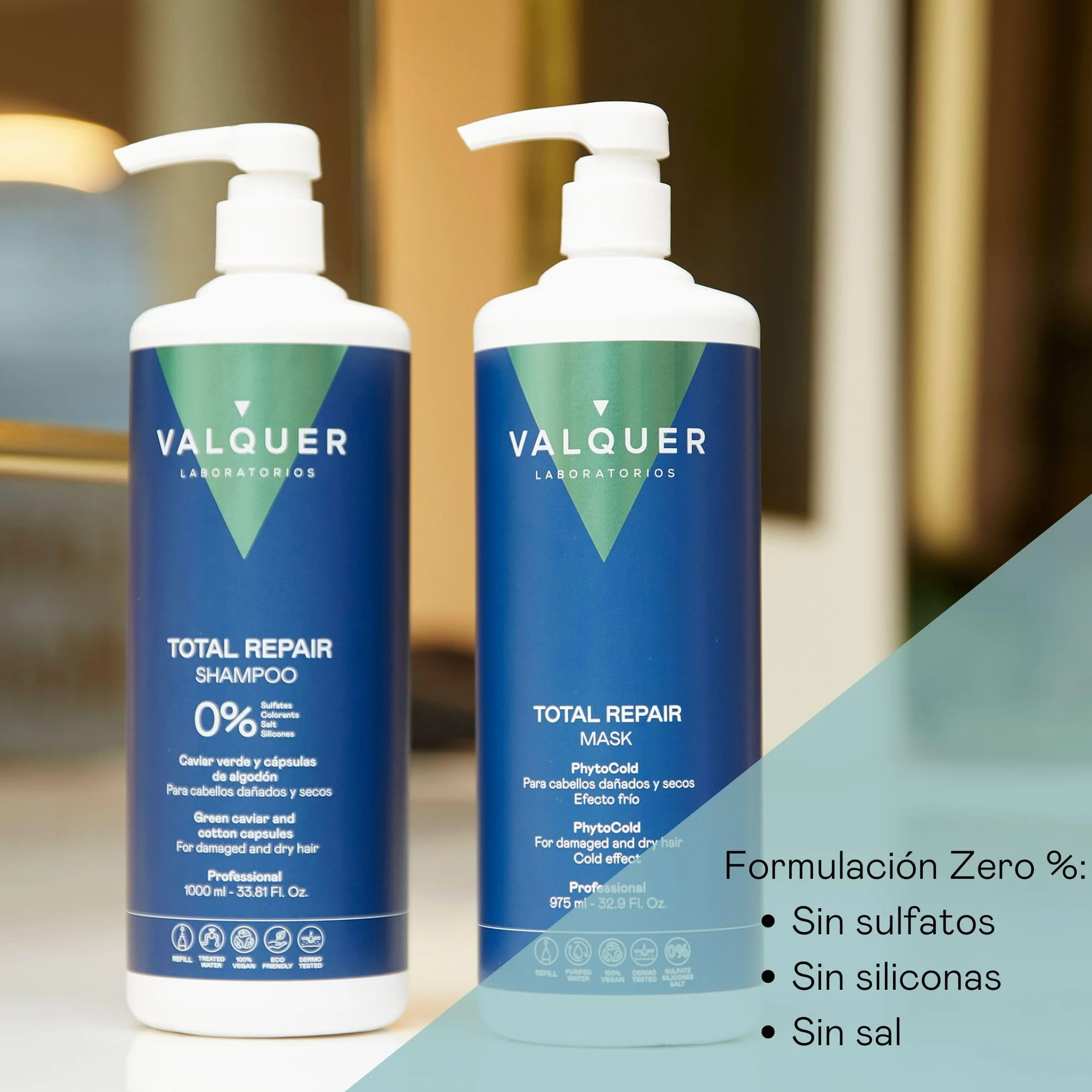 Valquer Champú Total Repair Zero. Repara, Suaviza e Hidrata el Cabello Dañado y Seco. Hidratación Intensa y Nutritiva. Con Caviar Verde, Panthenol, Vitamina E y Cápsulas de Algodón. Vegano. 1 L.