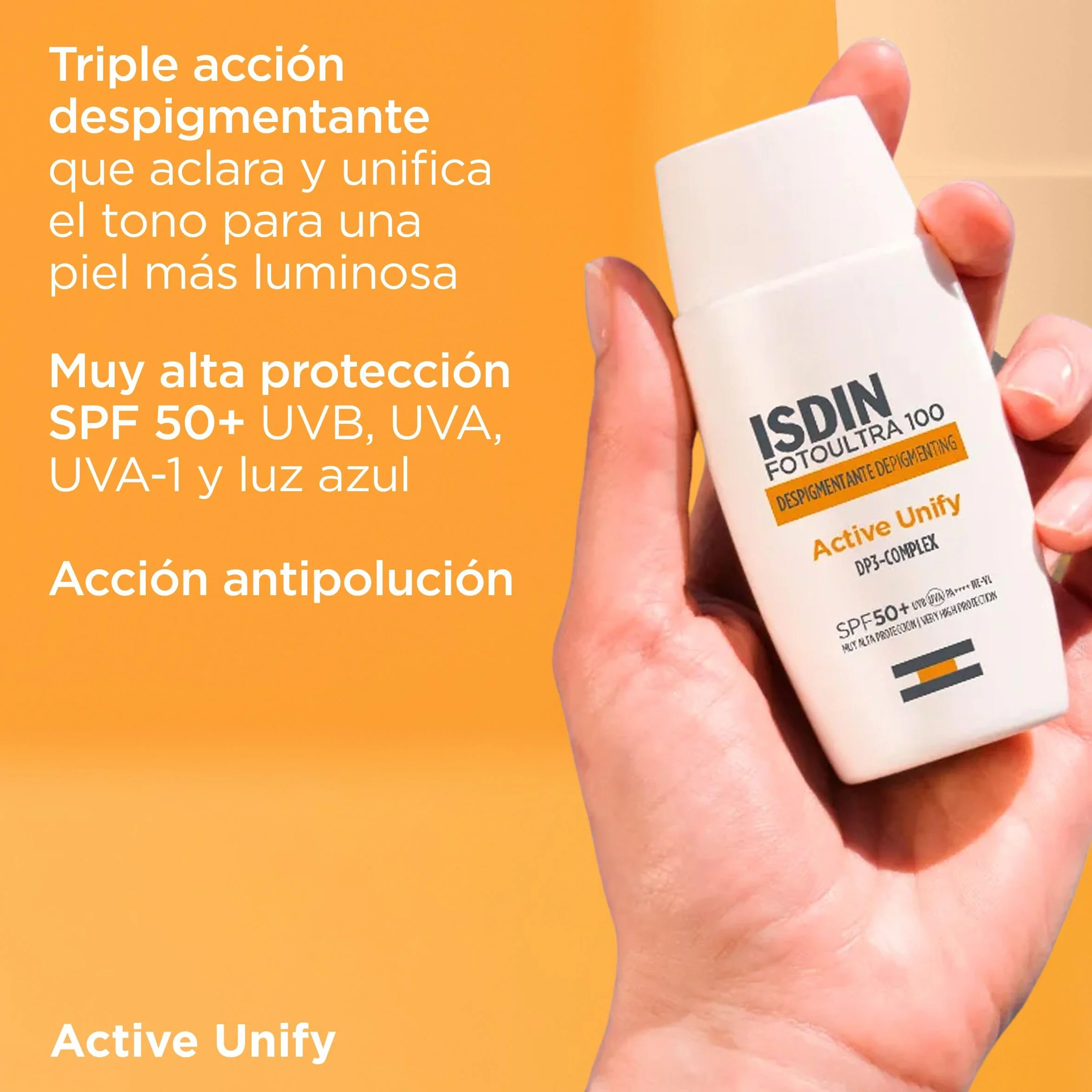 ISDIN Fotoultra 100 Active Unify SPF 50+ Crema Fluida con Triple Acción Despigmentante que Unifica el Tono y Ayuda a Evitar la aparición de Nuevas Manchas, 50 ml