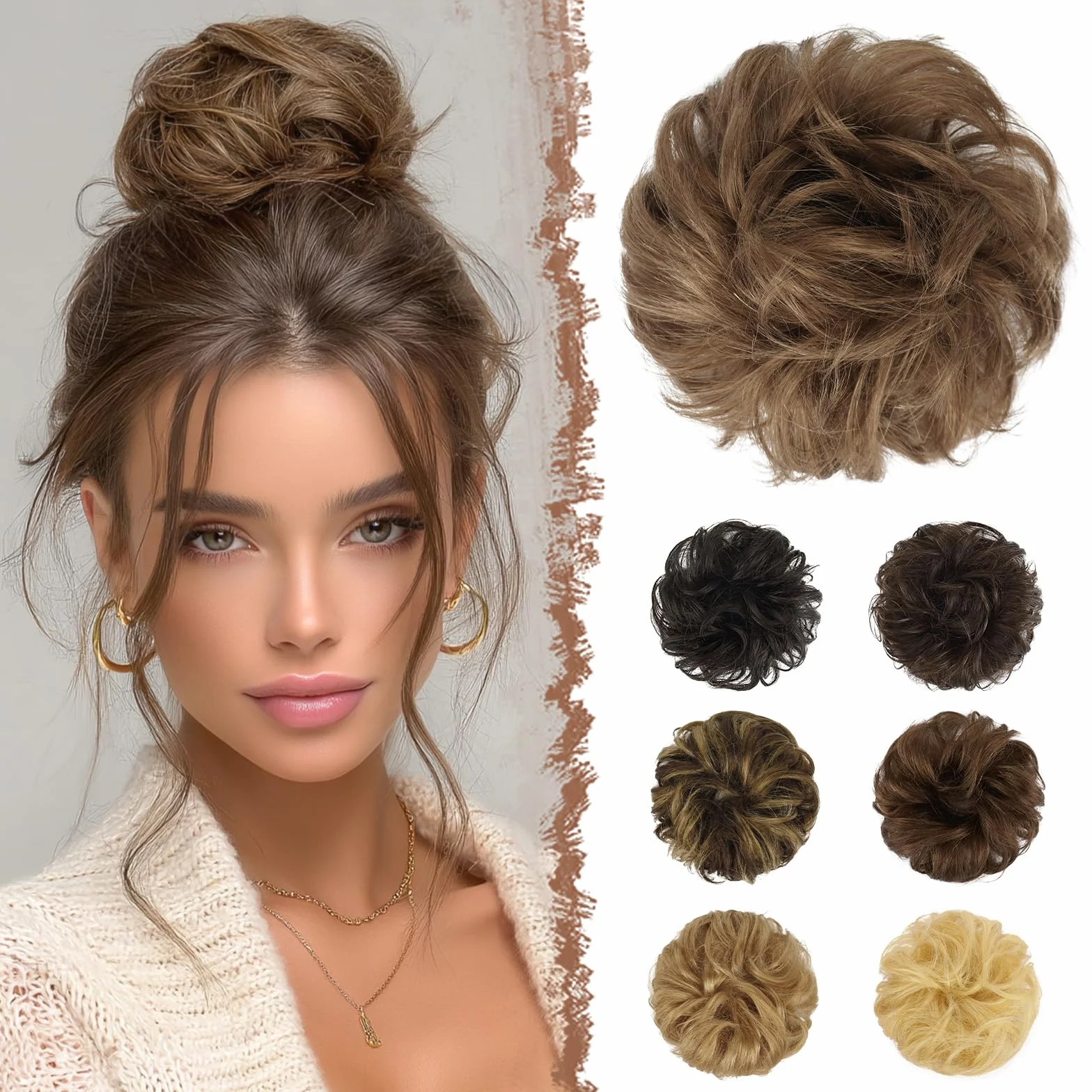 FESHFEN Moños Postizos Pelo Natural - 100% Cabello Humano Ondulado Moño Postizo Despeinado Coletero Extensiones para Mujer, Marrón ceniza