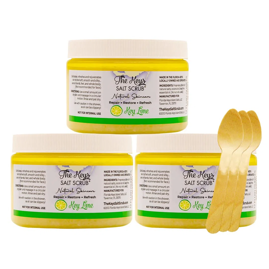 The Keys Salt Scrub Exfoliante prémium para el cuerpo de sal marina – Fabricado con aceite de sal de mar puro de Florida y aceite de coco orgánico + cuchara de madera (lima clave, a granel 3 paquetes