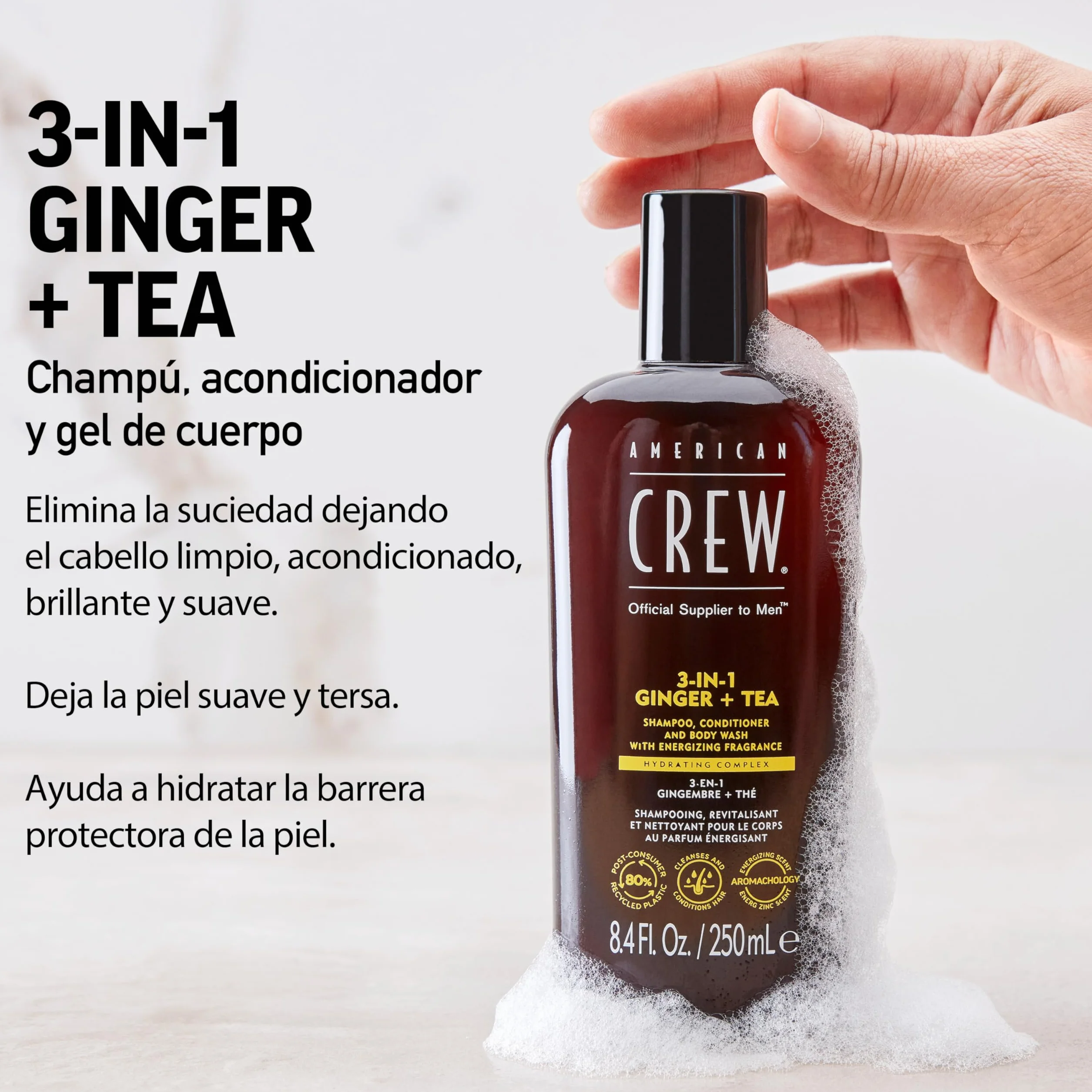American Crew 3 en 1 Ginger + Tea, Champú Acondicionador y Gel de Ducha, Limpia e Hidrata el Cabello y el Cuerpo, Mantiene y Repone la Barrera de Hidratación, Aroma Revitalizante y Energizante