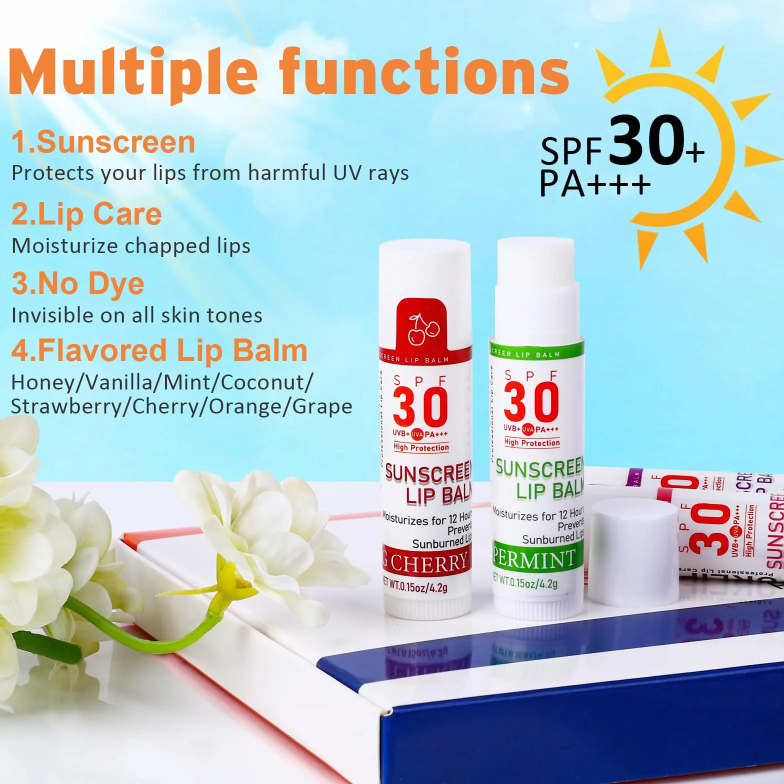 VISRIE Spf 30 Bálsamo Labial con Protección Solar, Bálsamo Labial Spf Bulk Travel Dimension-16 Pack, Paquete Bálsamo Labial Hidratante con Vitamina E E E Aceite de Coco - 8 Aromas