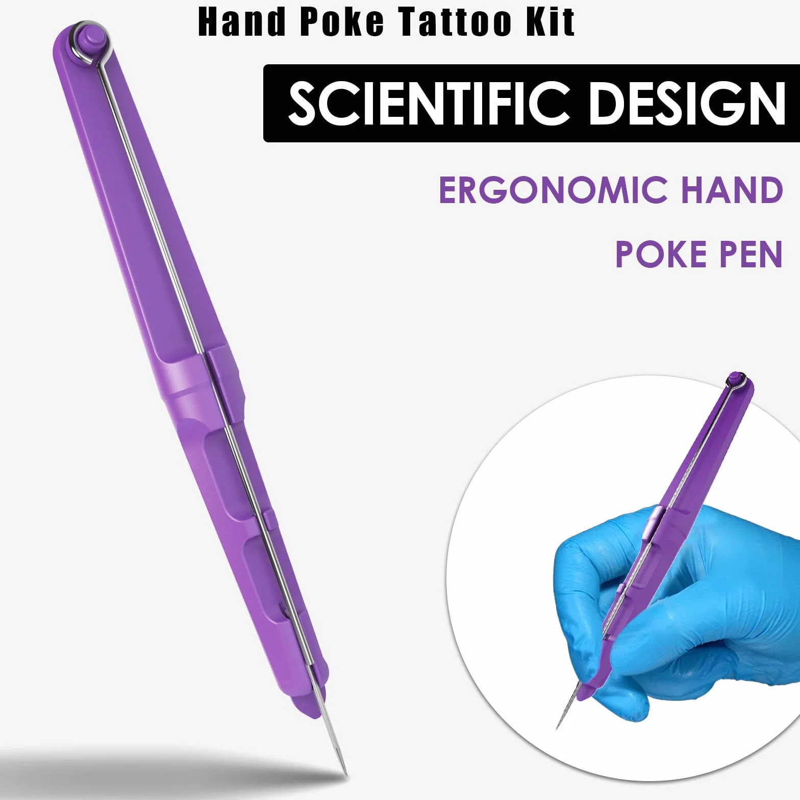 Hand Poke Kit, Stick and Poke Set para Principiantes, Hand Poke Pen Kit con 10 Agujas y 2 hojas de papel de transferencia - Púrpura