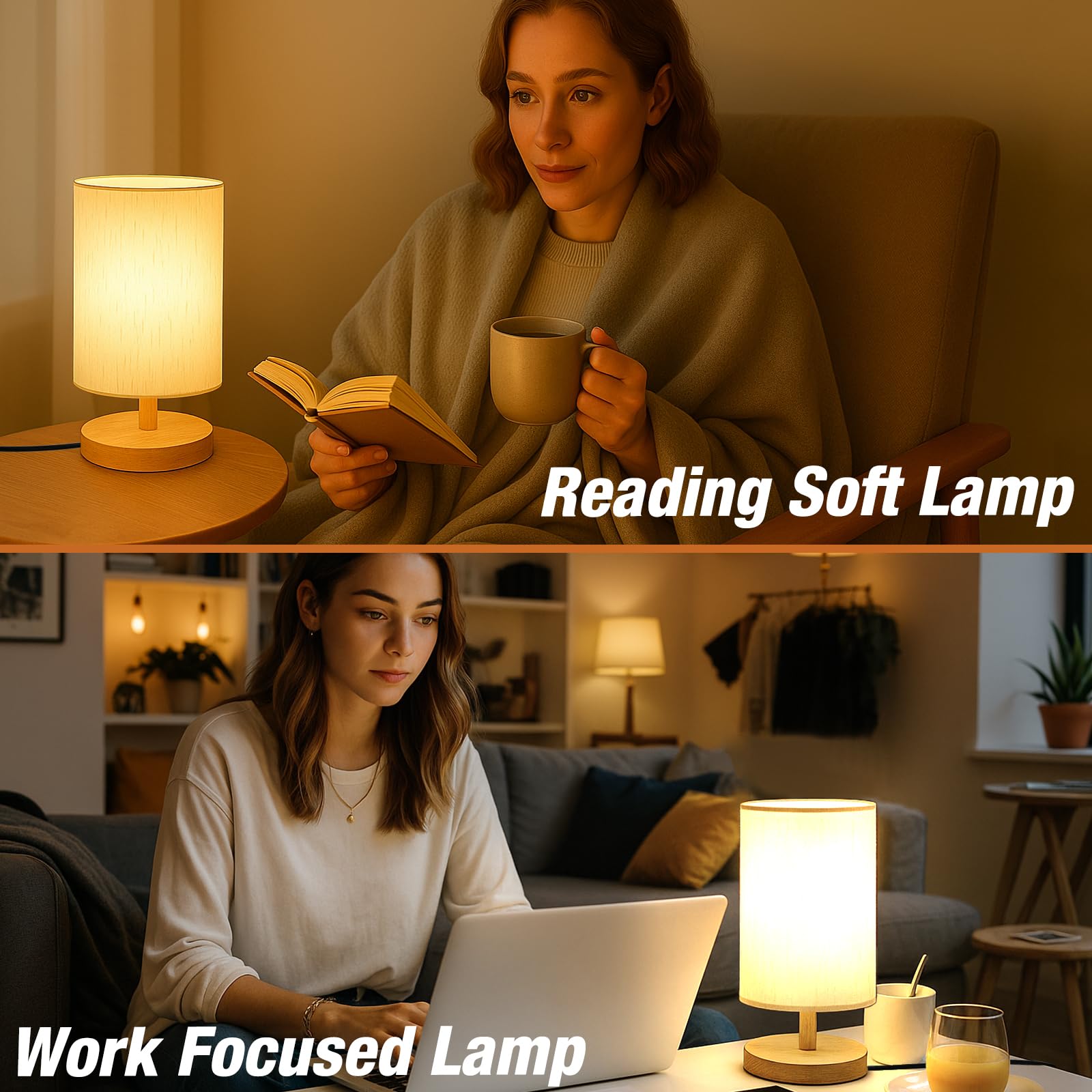 Classic Wood & Linen Bedside Table Lamp with LED