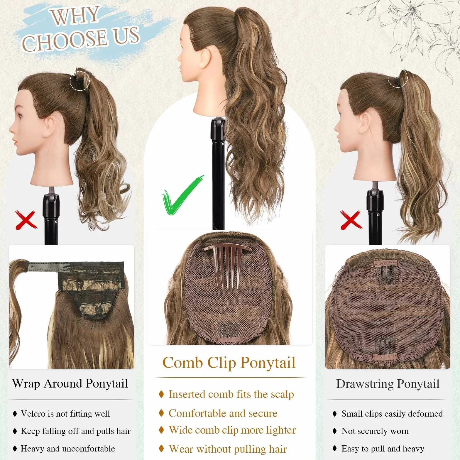 Sofeiyan Cola de Caballo Extensiones con Cordón, 60 cm Ondulado Extensiones Pelo Natural Coleta Postiza Sinteticas Peines Clip in Postizos de Pelo para Mujer, Rubio Ceniza Mixto