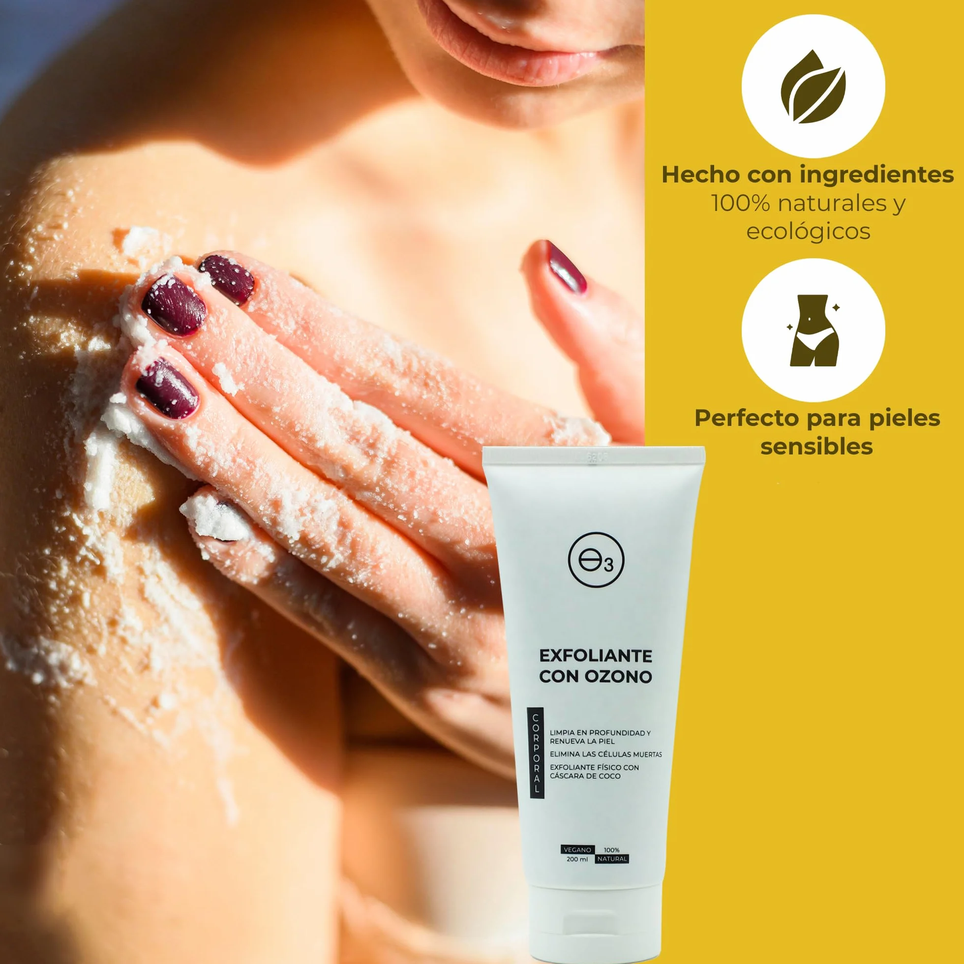 OZONO D'OR - Exfoliante Corporal con Ozono 100% Natural ECO., Trata la Piel Grasa Acné, Puntos Negros, Manchas, Poros Obstruidos | Peeling Corporal Elimina la Piel Muerta, Piel Sensible. 200 ml