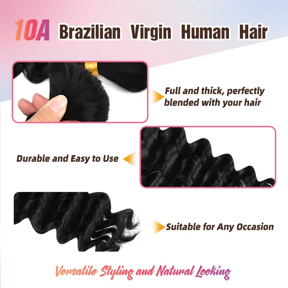Cabello humano trenzado, 2 paquetes de 100 g, 16 pulgadas, trenzas bohemias, cabello humano 10A, ondulado, brasileño, virgen, sin trama, extensiones de cabello ondulado para bohemio, sin nudos