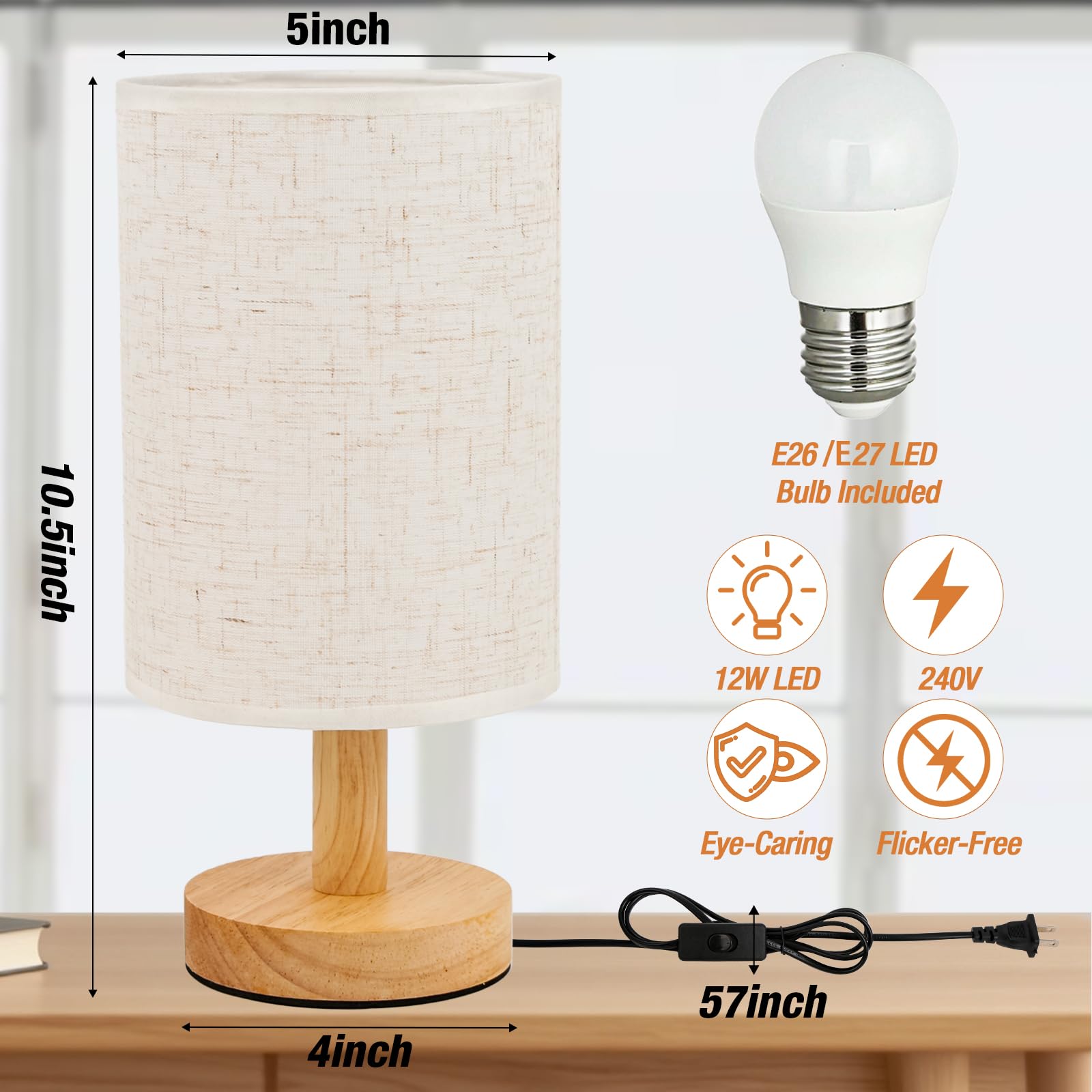 Classic Wood & Linen Bedside Table Lamp with LED