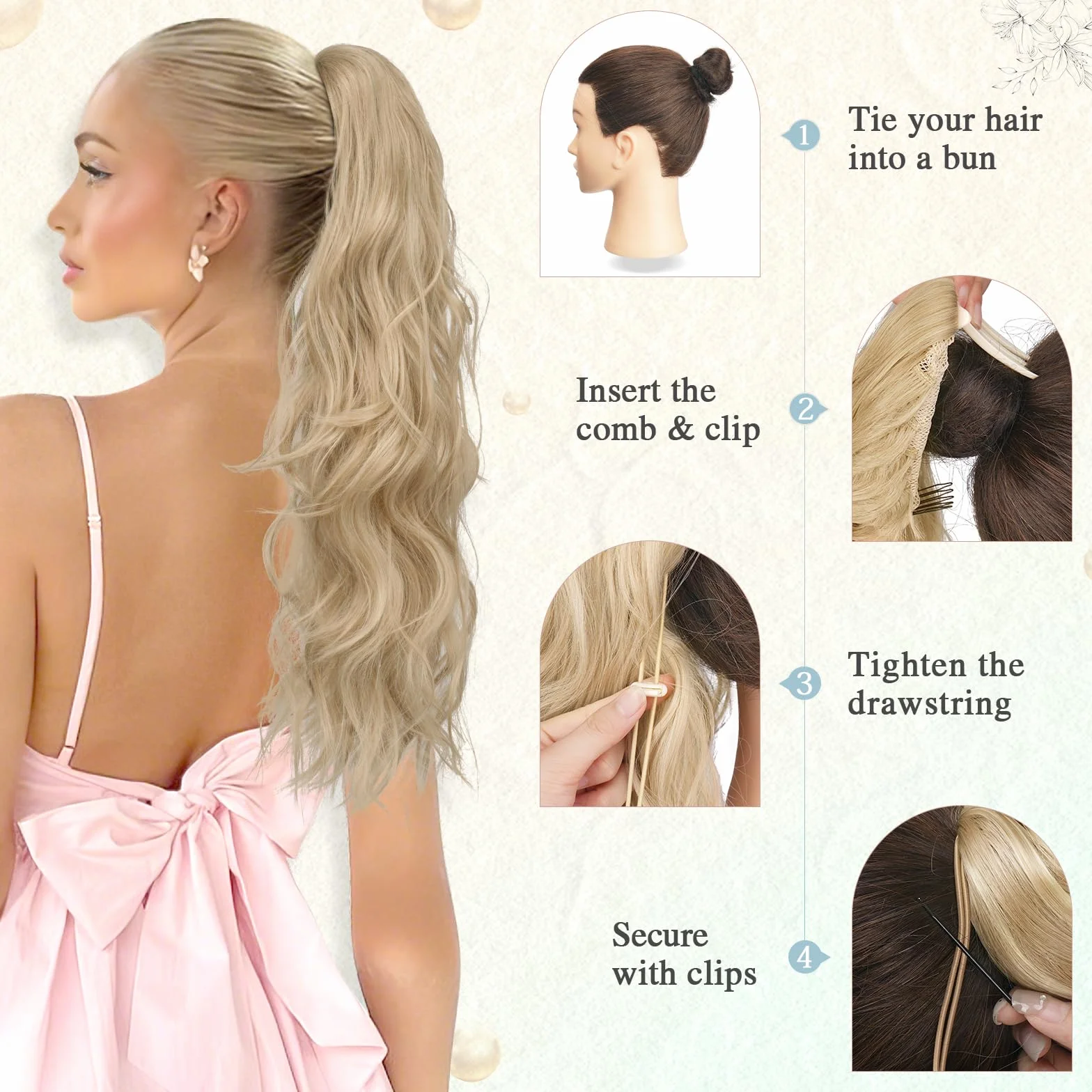 Sofeiyan Cola de Caballo Extensiones con Cordón, 60 cm Ondulado Extensiones Pelo Natural Coleta Postiza Sinteticas Peines Clip in Postizos de Pelo para Mujer, Rubio Ceniza Mixto